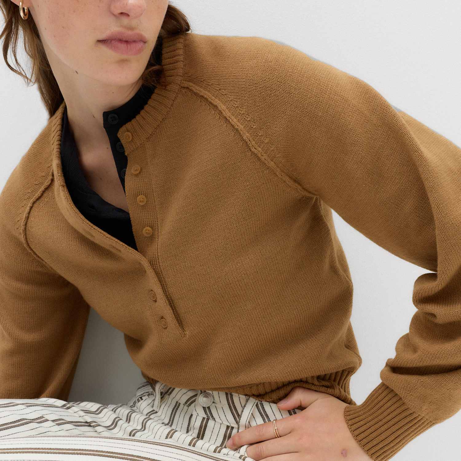 M&S Women's Crew Neck Button Detail Jumper - Large - Caramel
