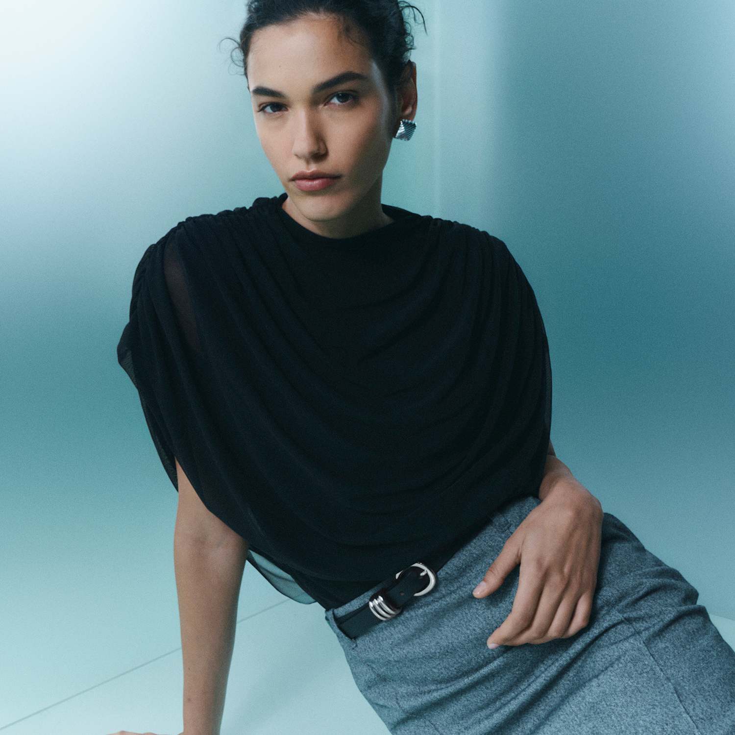 M&S Women's Mesh Draped Crew Neck Top - 14 - Black