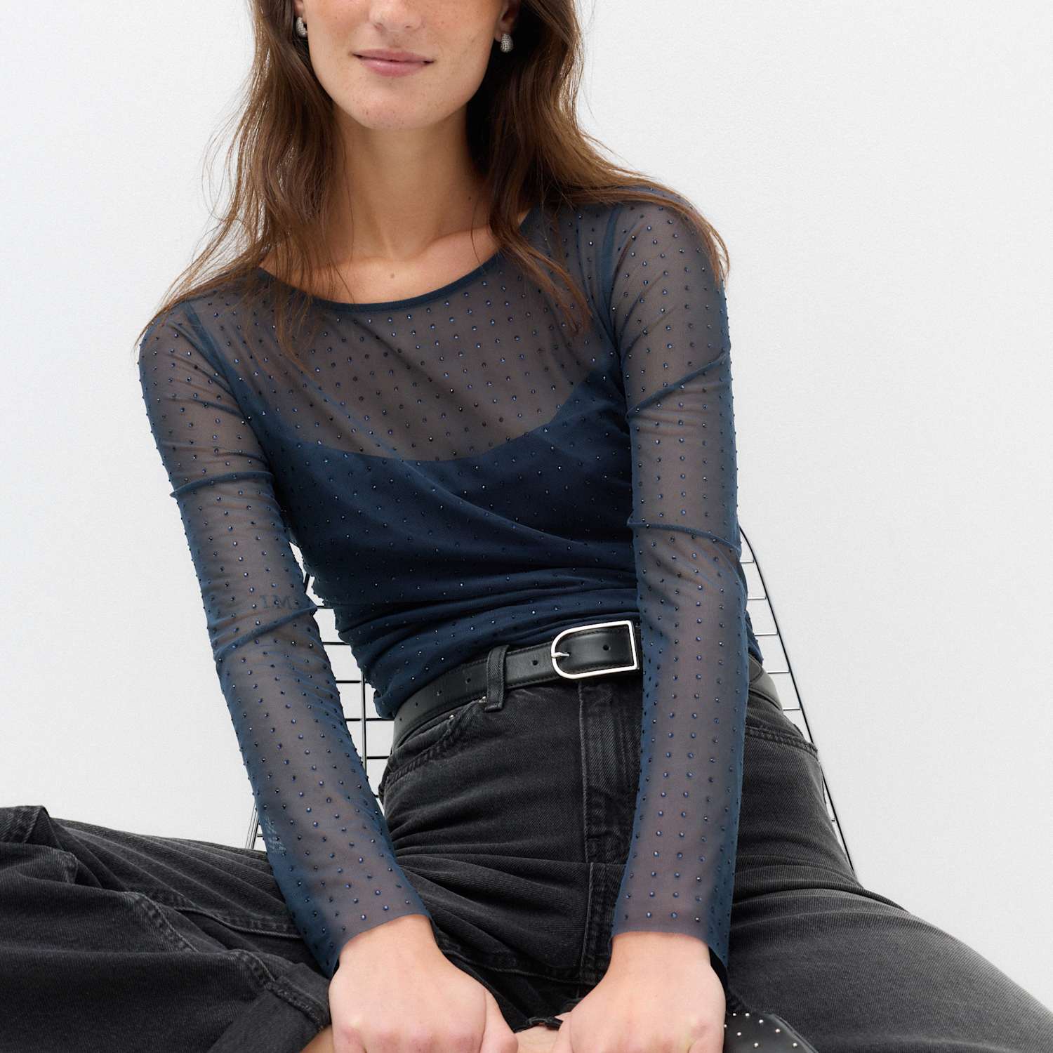 M&S Women's Mesh Sparkly Regular Fit Top - 8 - Navy