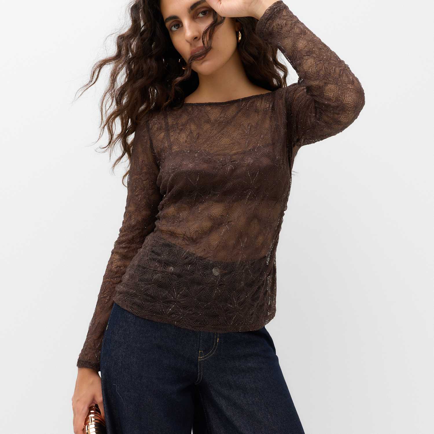 M&S Women's Sparkly Lace Slash Neck Regular Fit Top - 20 - Dark Chocolate