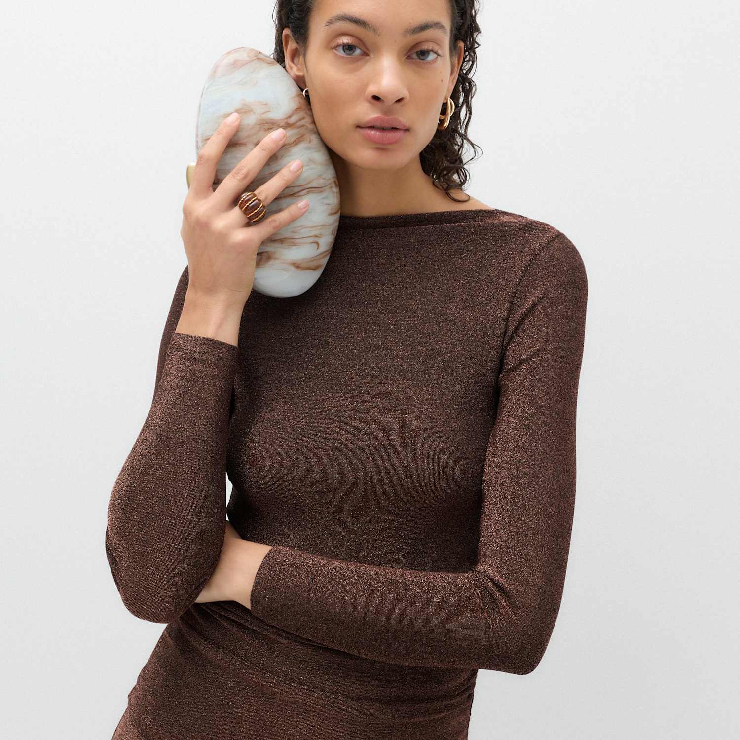 M&S Women's Sparkly Draped Slash Neck Regular Fit Top - 22 - Chocolate