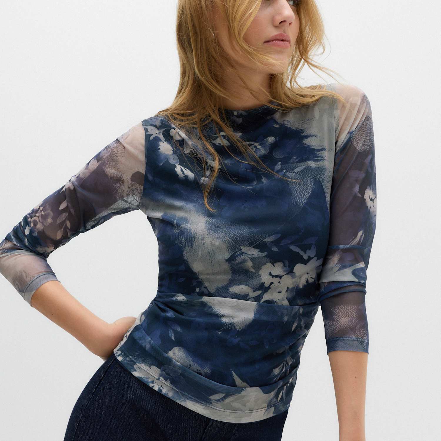 M&S Women's Mesh Floral Top - 14 - Blue Mix