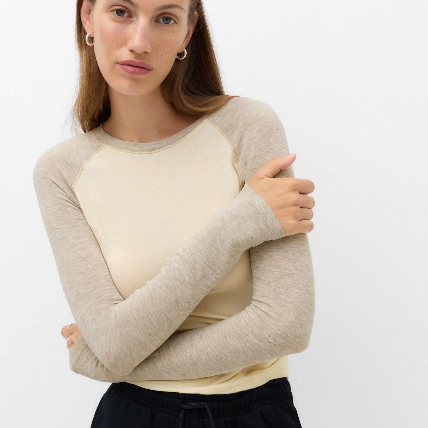 M&S Women's Long Sleeve Mesh Raglan Slim T-Shirt - 14 - Beige Mix