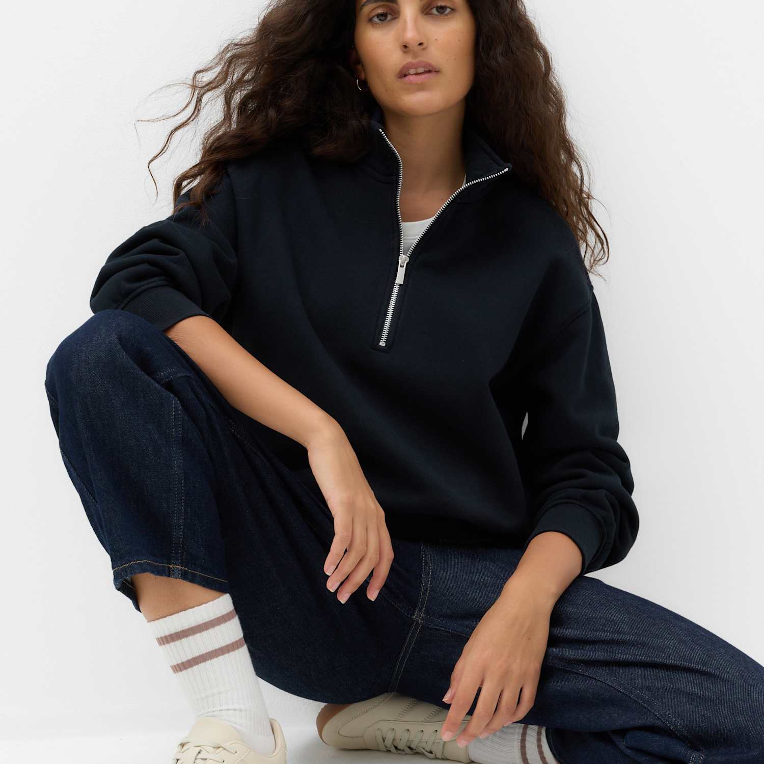 M&S Women's Pure Cotton Premium Half Zip Ultimate Sweatshirt - Small - Navy