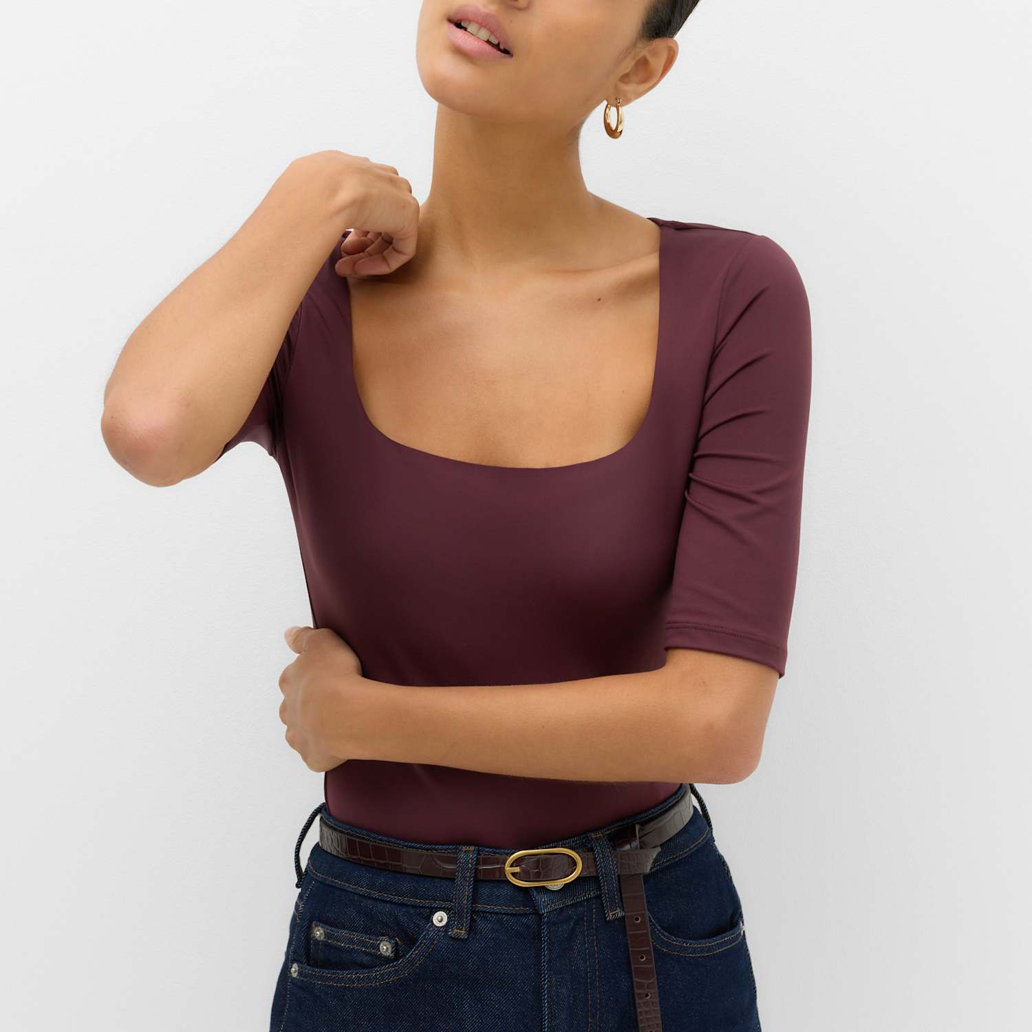 M&S Women's Square Neck Half Sleeve Fitted Bodysuit - 6 - Burgundy