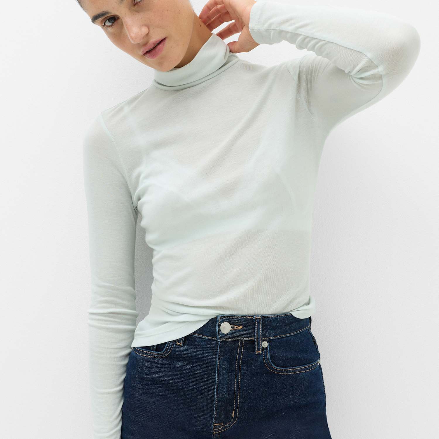 M&S Women's Wool Touch Semi Sheer Layering Roll Neck Top - Small - Aqua