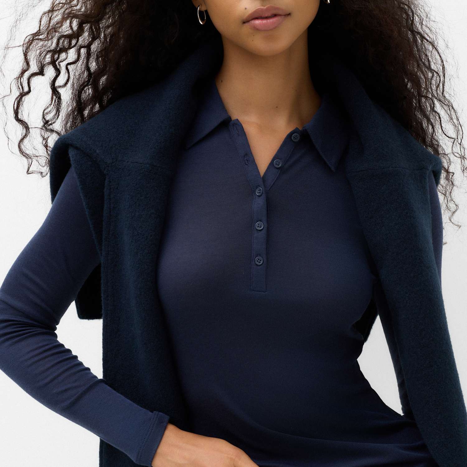 M&S Women's Wool Touch Semi Sheer Collared Polo Shirt - Large - Navy
