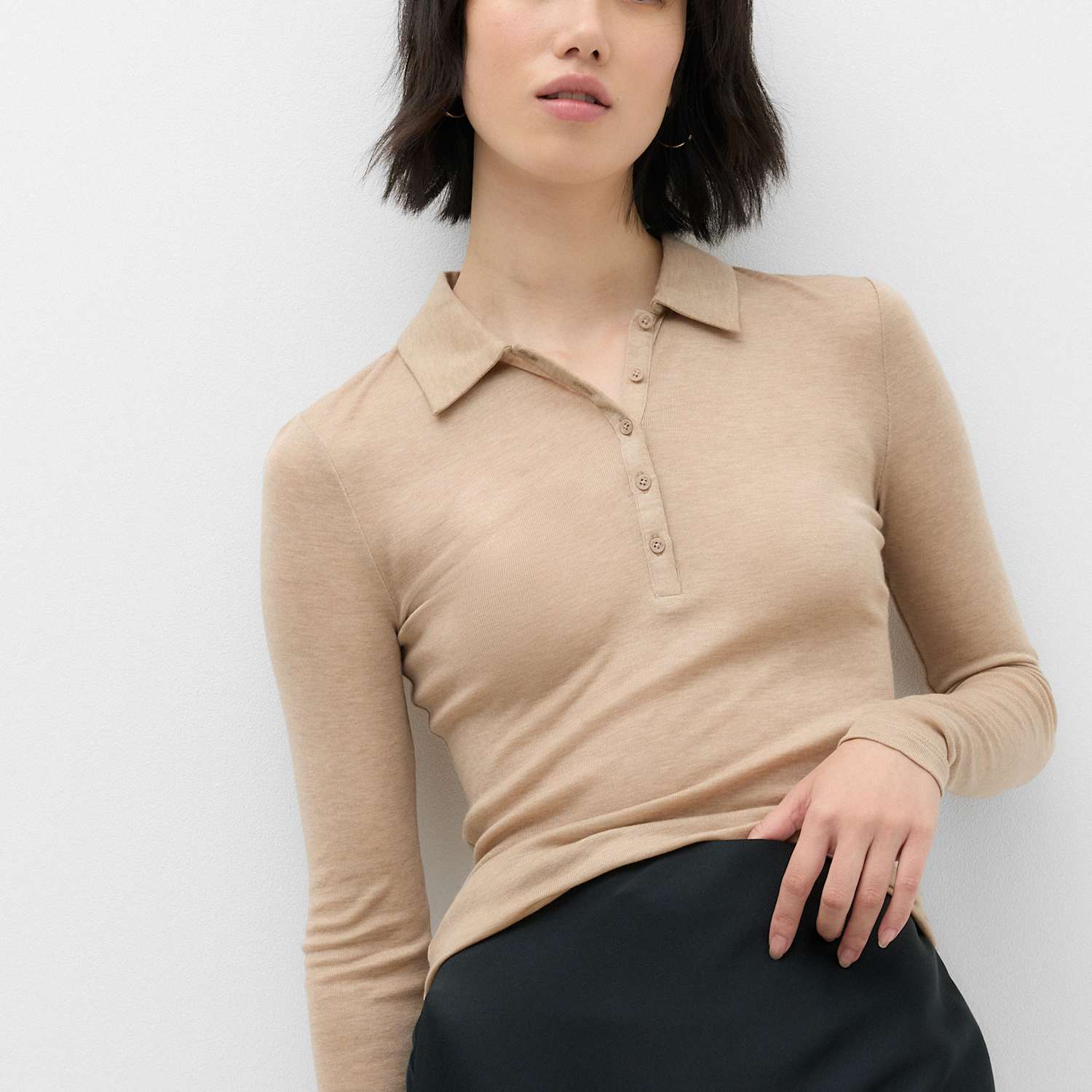M&S Women's Wool Touch Semi Sheer Collared Polo Shirt - Large - Neutral