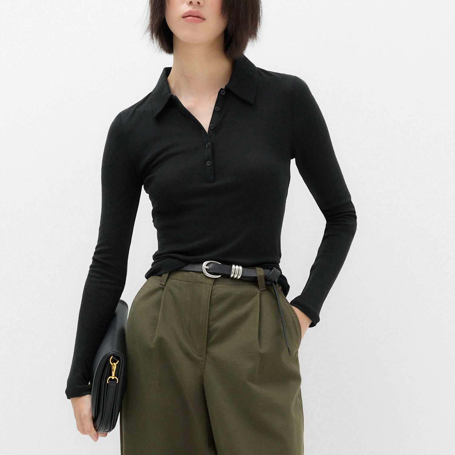 M&S Women's Wool Touch Semi Sheer Collared Polo Shirt - Large - Black