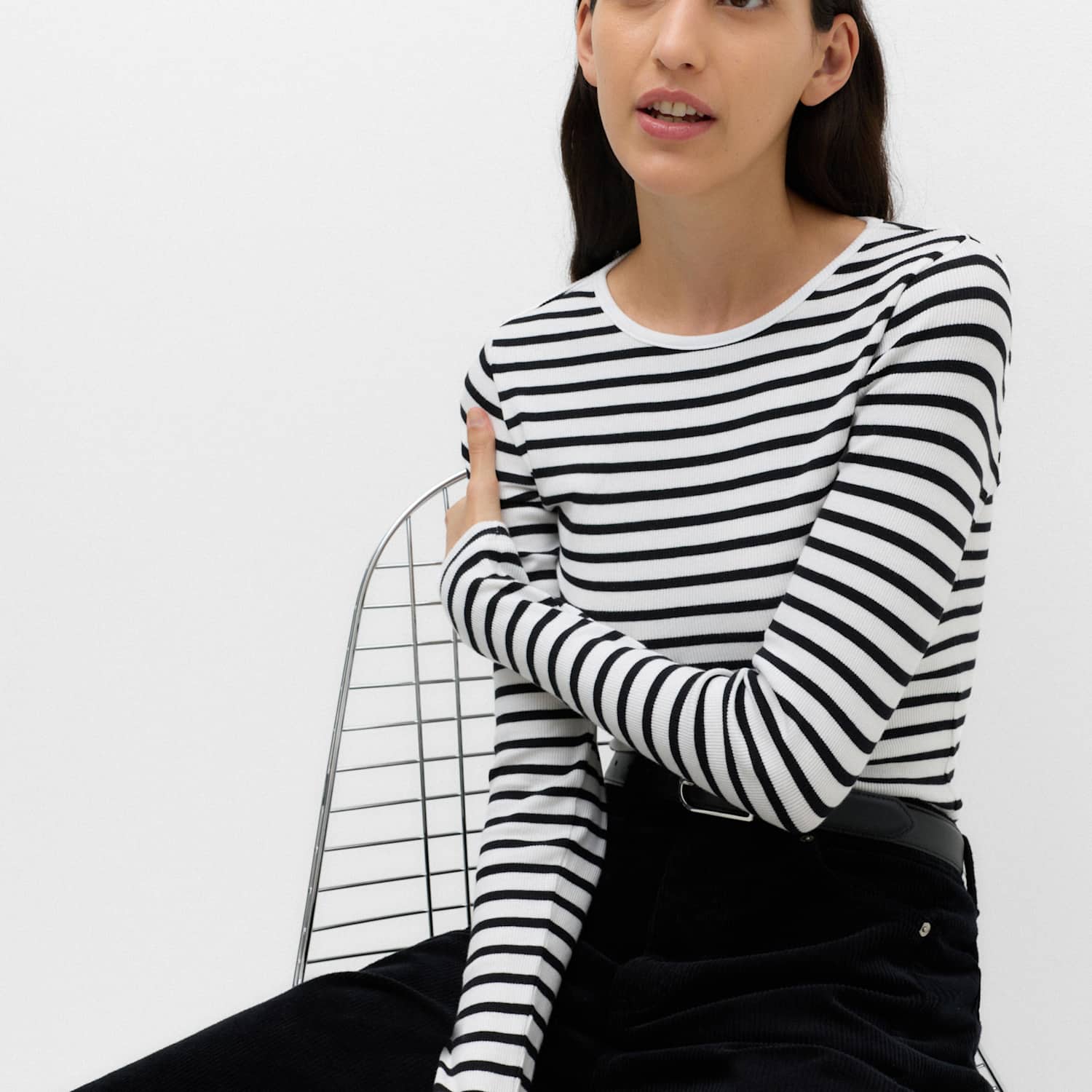 M&S Women's Cotton Rich Ribbed Slim Fit Top - Small - Black Mix