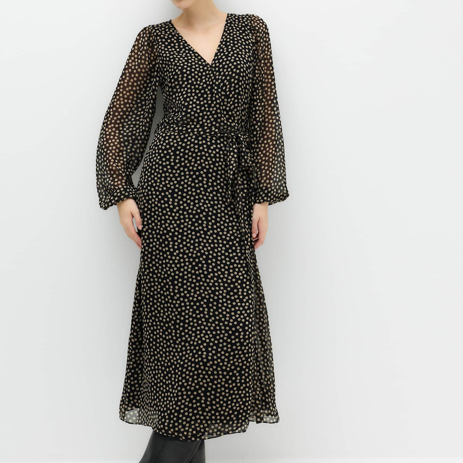 M&S Women's Chiffon Spot Print Midi Wrap Dress - 10 - Black Mix