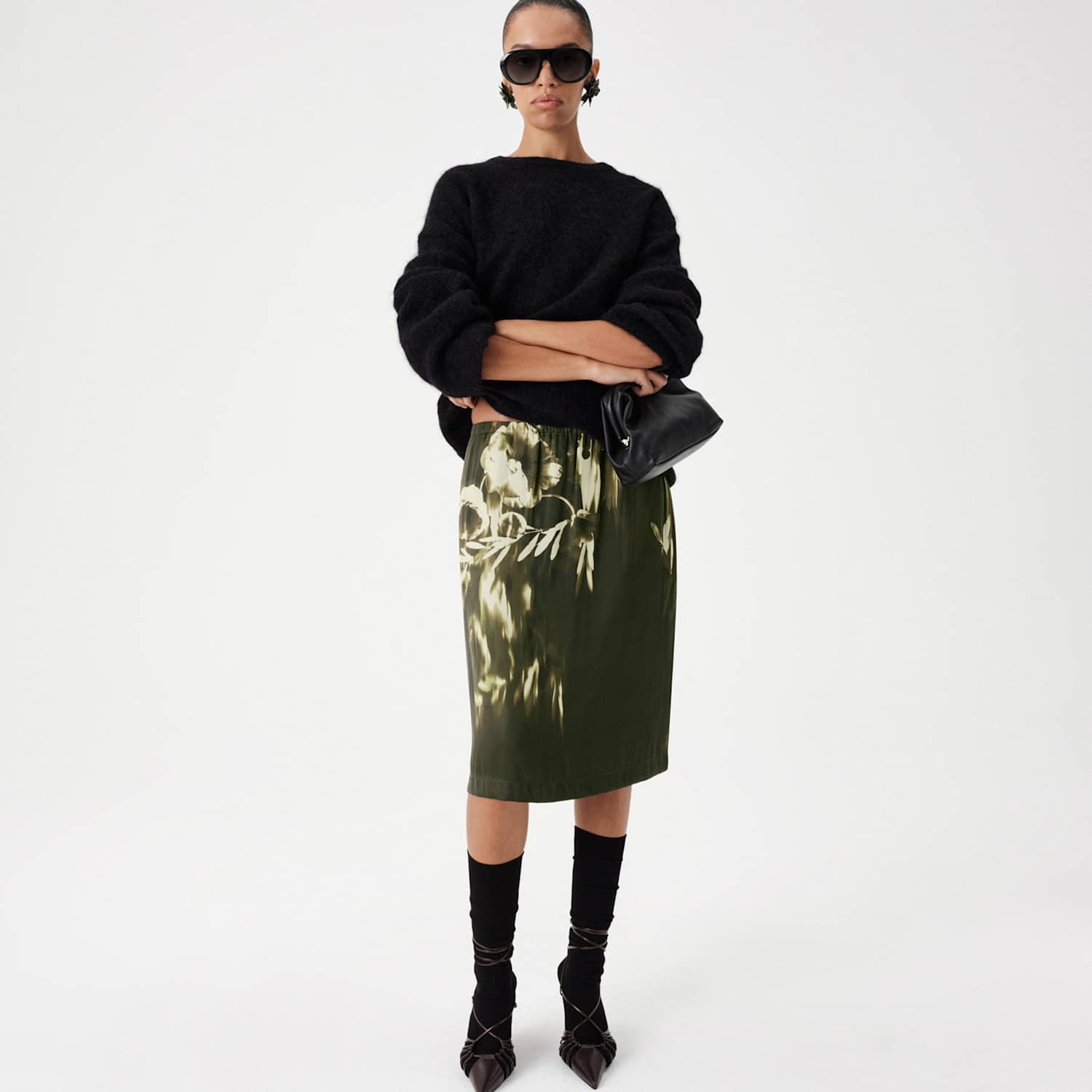 M&S Women's Satin Floral Knee Length Slip Skirt - 10 - Black Mix