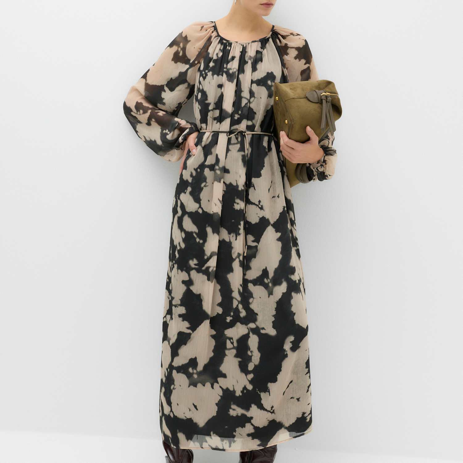 M&S Women's Chiffon Printed Tie Neck Midi Relaxed Dress - 8 - Black Mix
