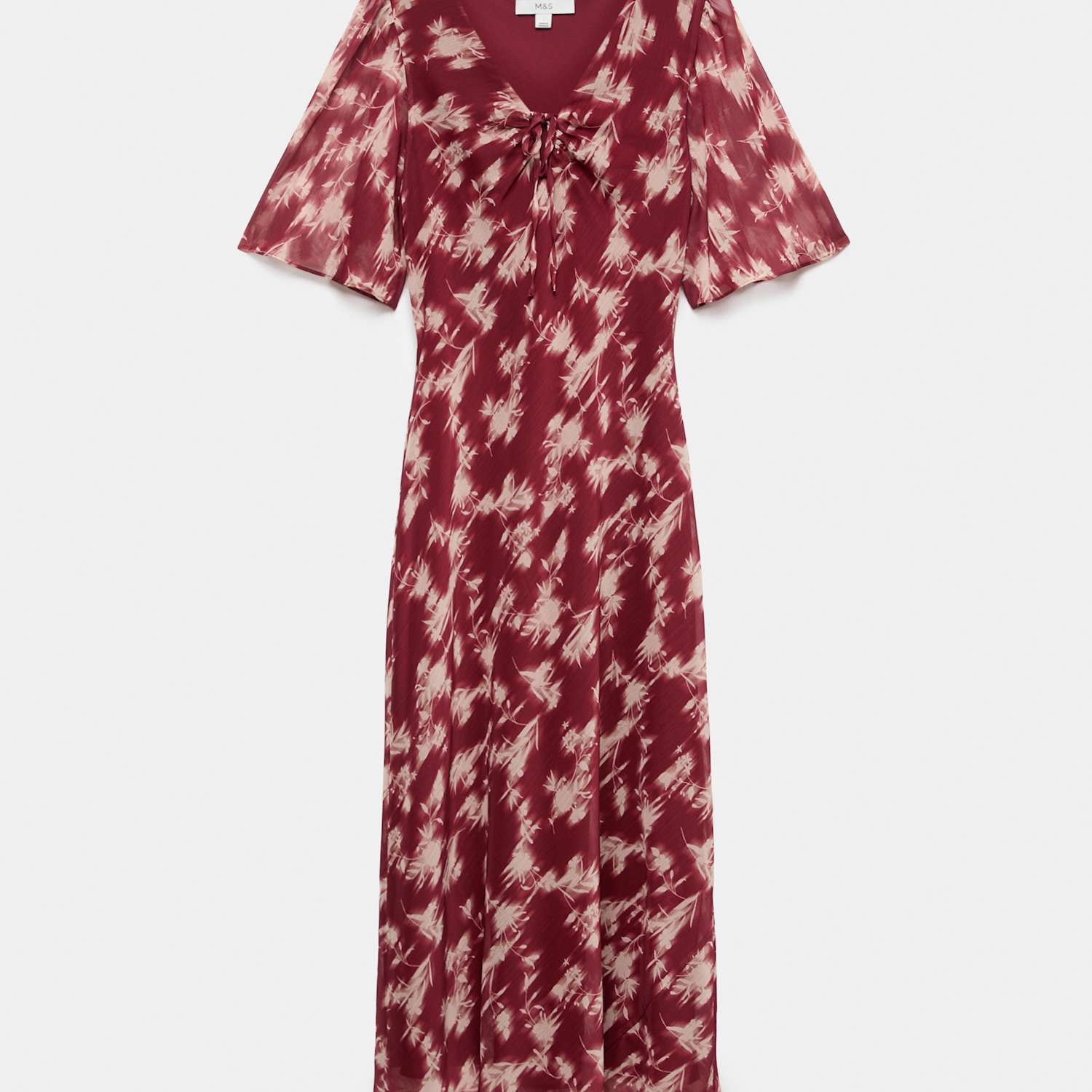 M&S Women's Chiffon Floral V Neck Tie Detail Midi Tea Dress - 12 - Red Mix