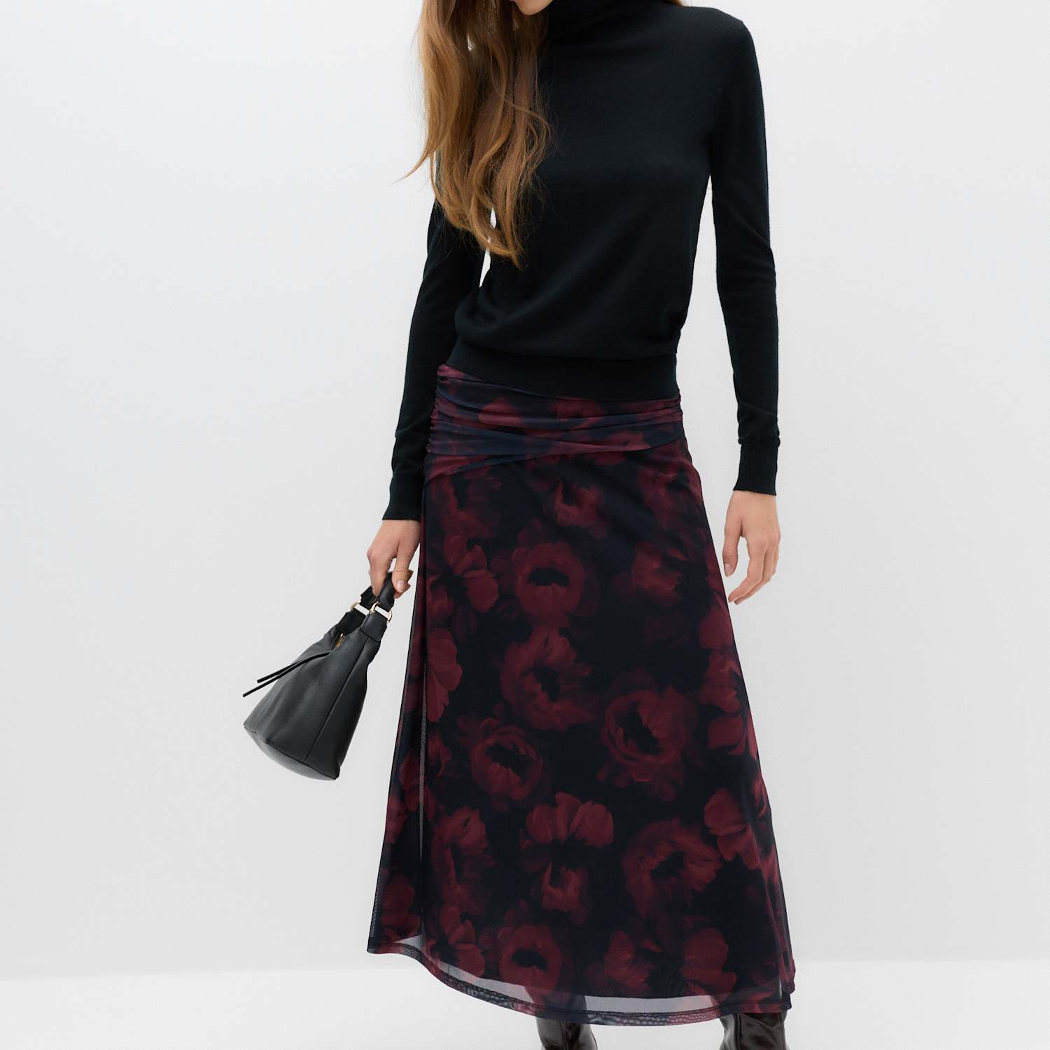 M&S Women's Mesh Floral Ruched Midi A Line Skirt - 10 - Red Mix