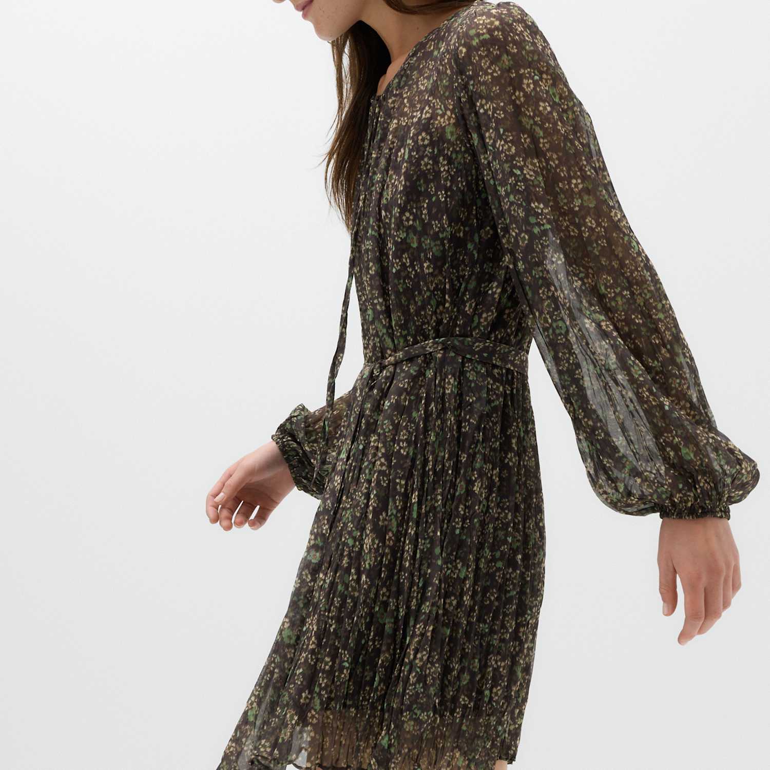 M&S Women's Floral Tie Neck Mini Waisted Dress - 10 - Brown Mix
