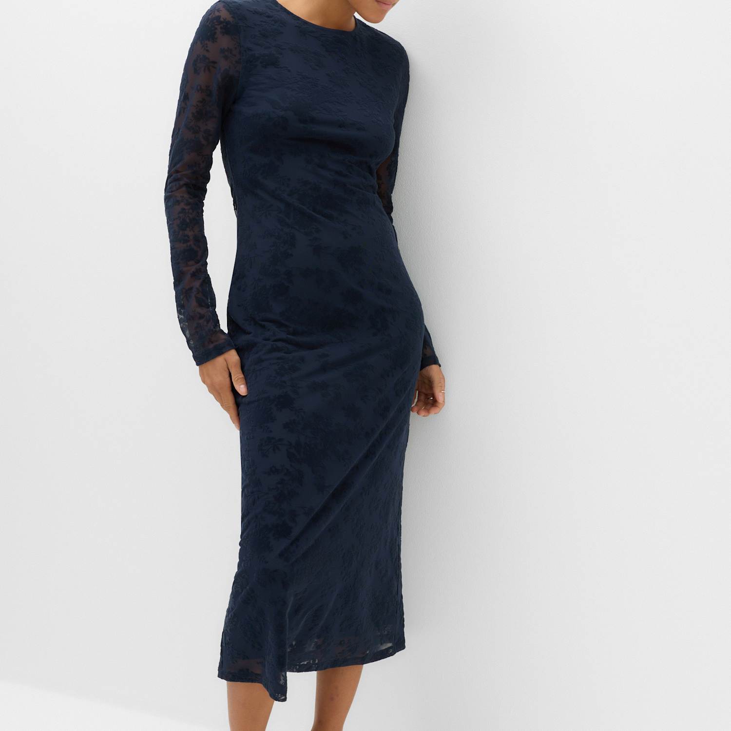 M&S Women's Jersey Flora Flockedl Midaxi Column Dress - 12 - Navy Mix
