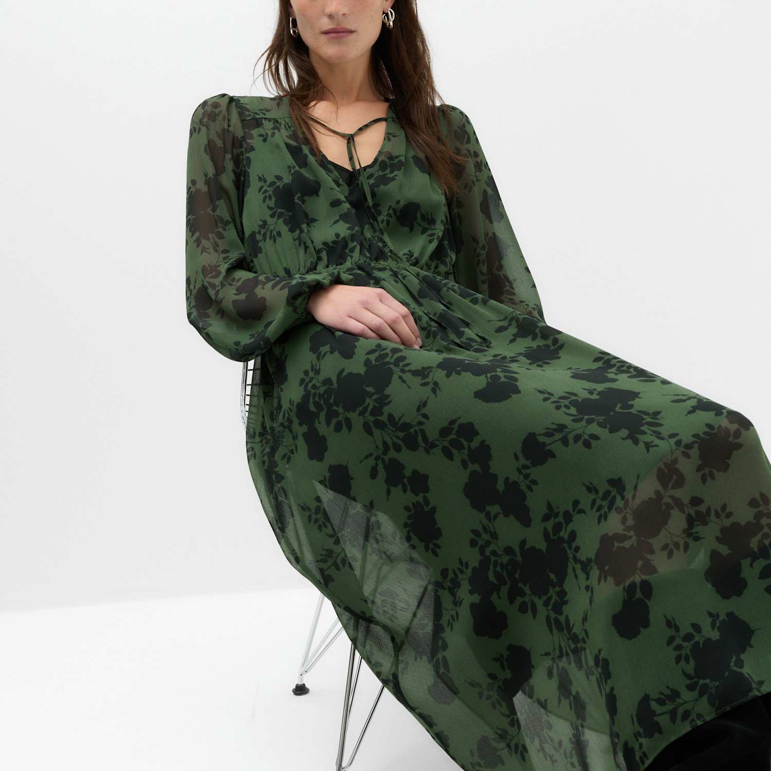 M&S Women's Chiffon Floral V Neck Midaxi Waisted Dress - 8 - Green Mix