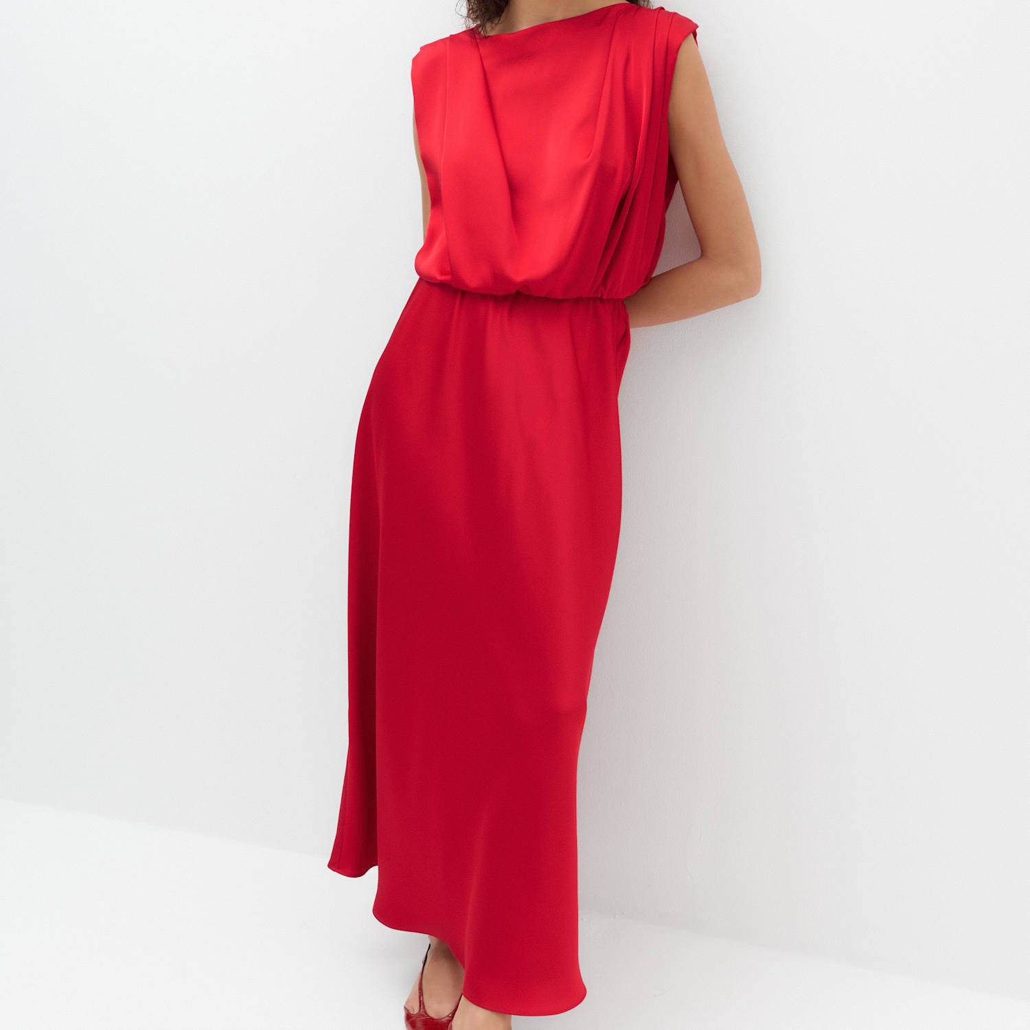 M&S Women's Satin Pleat Detail Midaxi Waisted Dress - 12 - Red