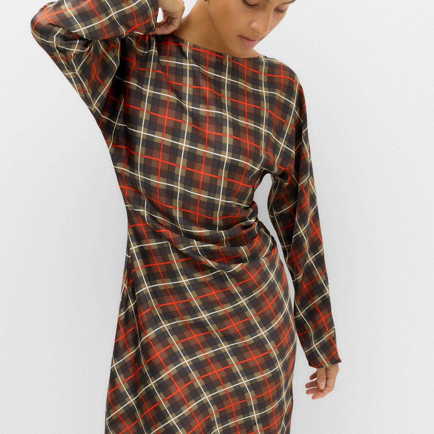 M&S Women's Checked Ruched Long Sleeve Mini Waisted Dress - 8 - Black Mix