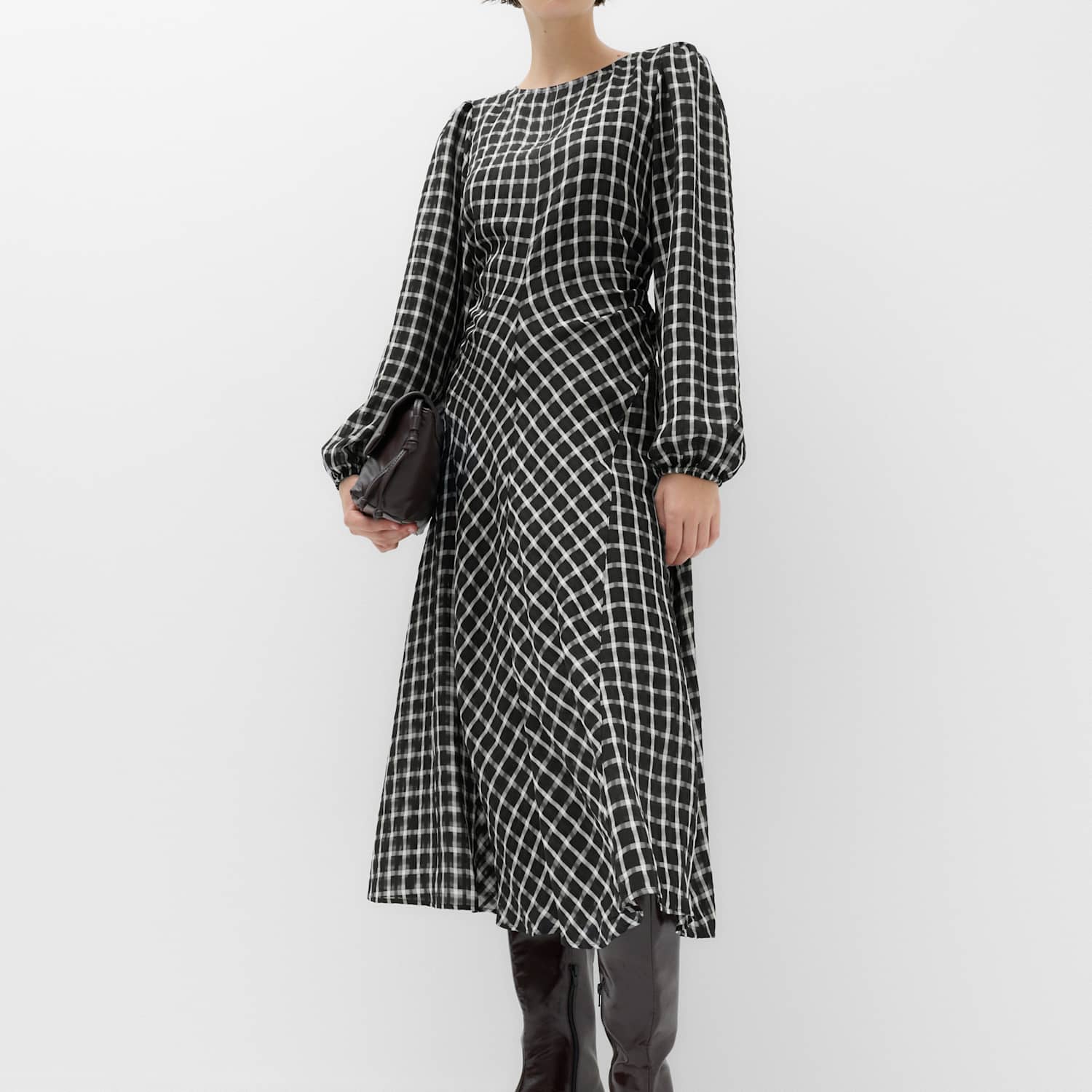 M&S Women's Checked Blouson Sleeve Midaxi Dress - 20 - Black Mix