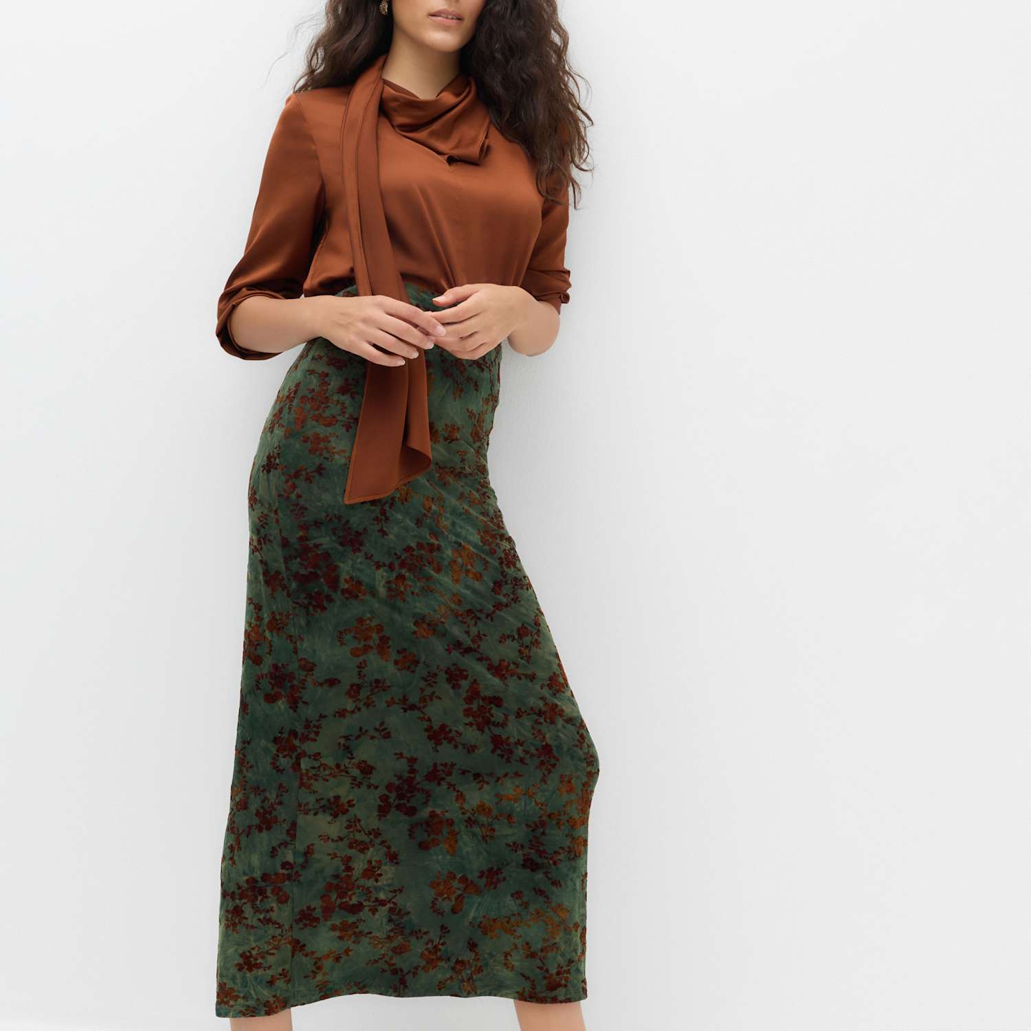 M&S Women's Floral Midaxi Column Skirt With Stretch - 12 - Green Mix