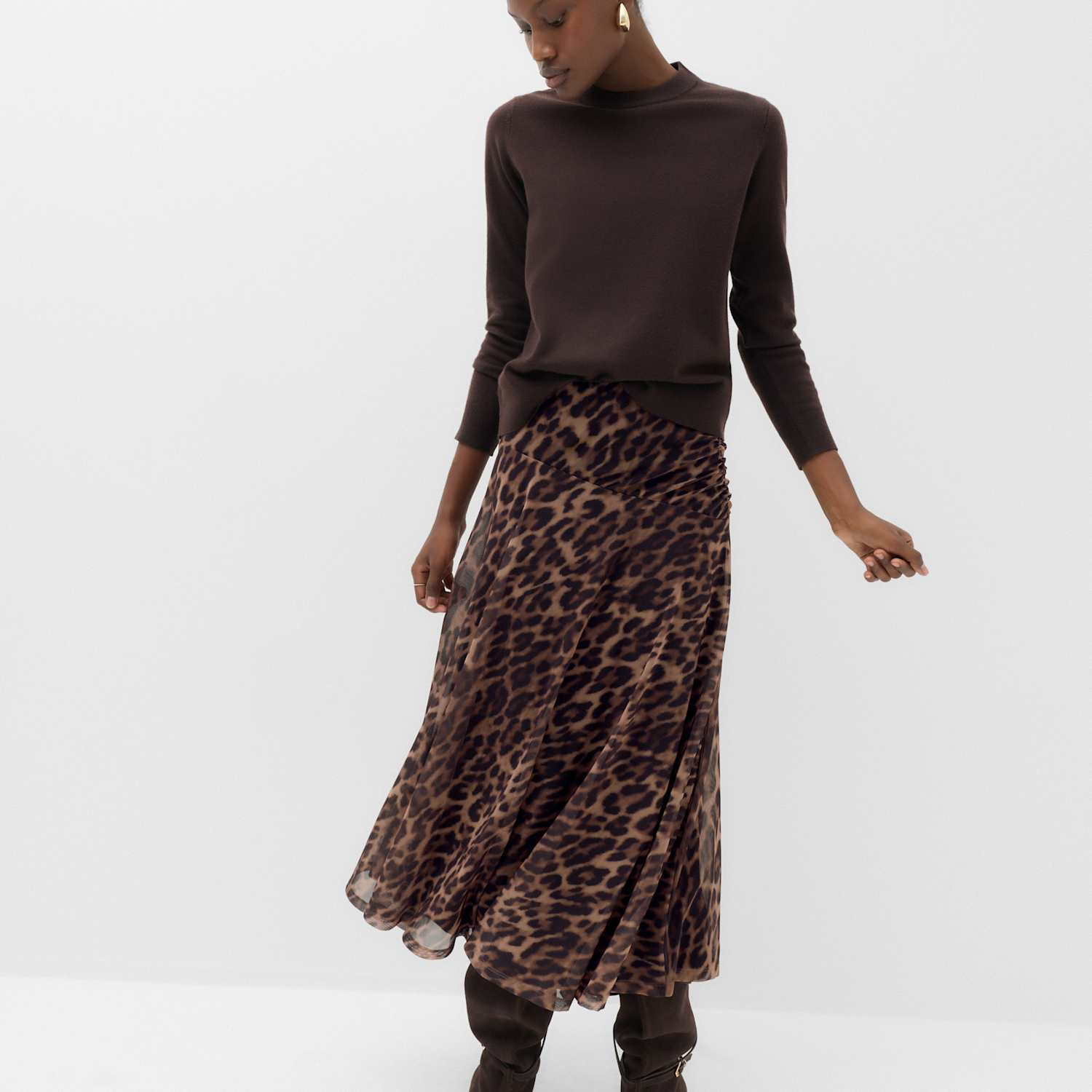 M&S Women's Animal Print Mesh Midi A-Line Skirt - 6 - Brown Mix