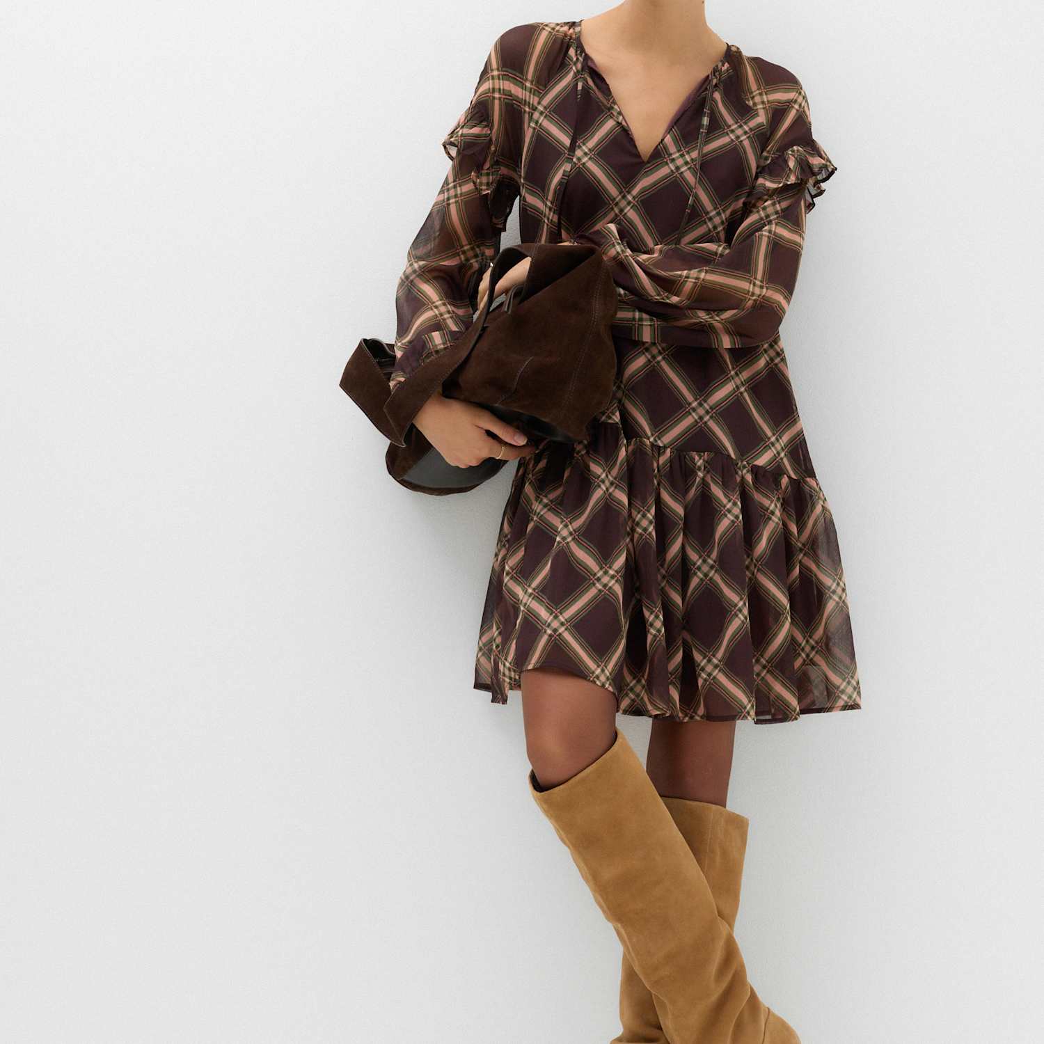 M&S Women's Chiffon Checked Tie Neck Mini Drop Waist Dress - 6 - Brown Mix