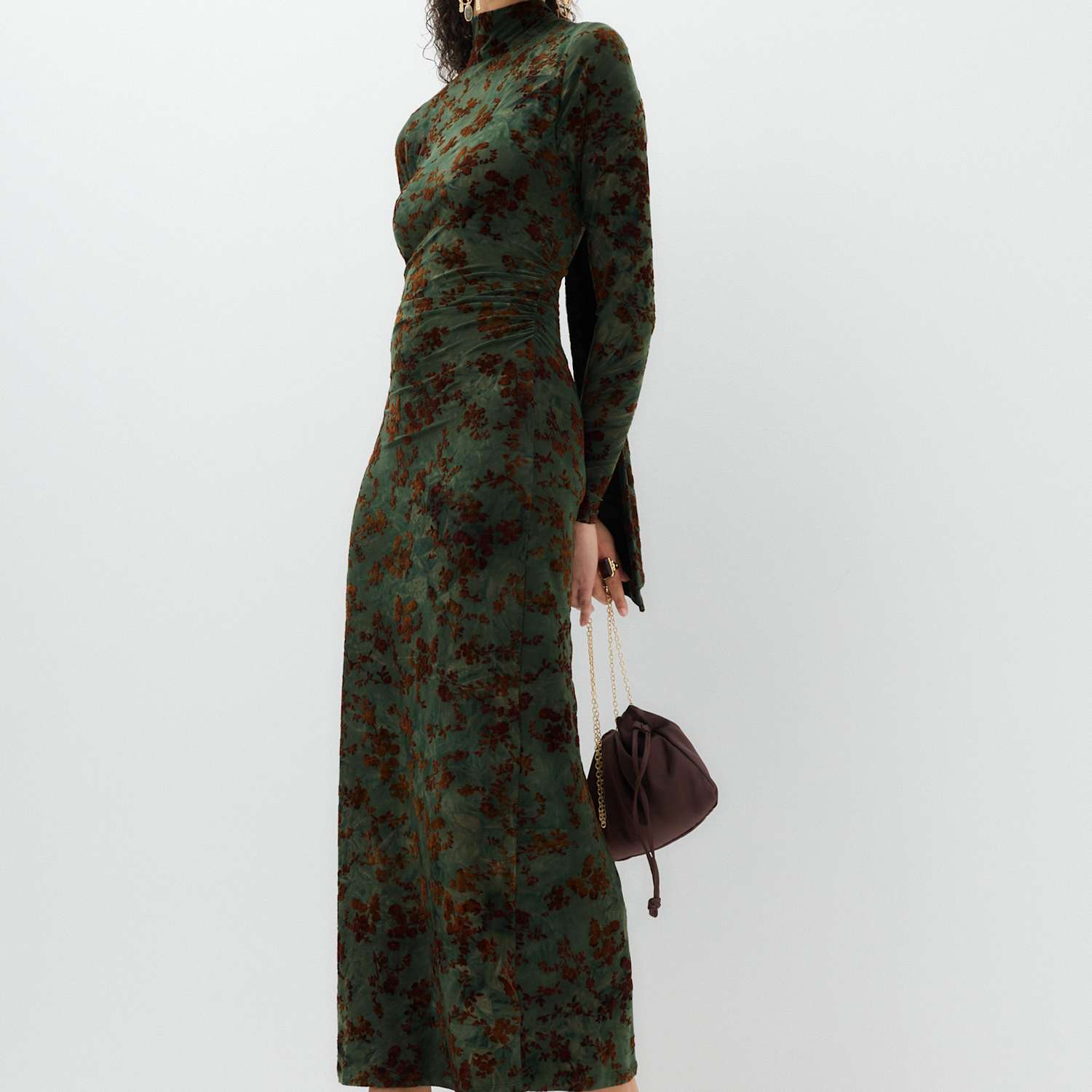 M&S Women's Floral Scarf Detail Midi Column Dress - 12 - Green Mix