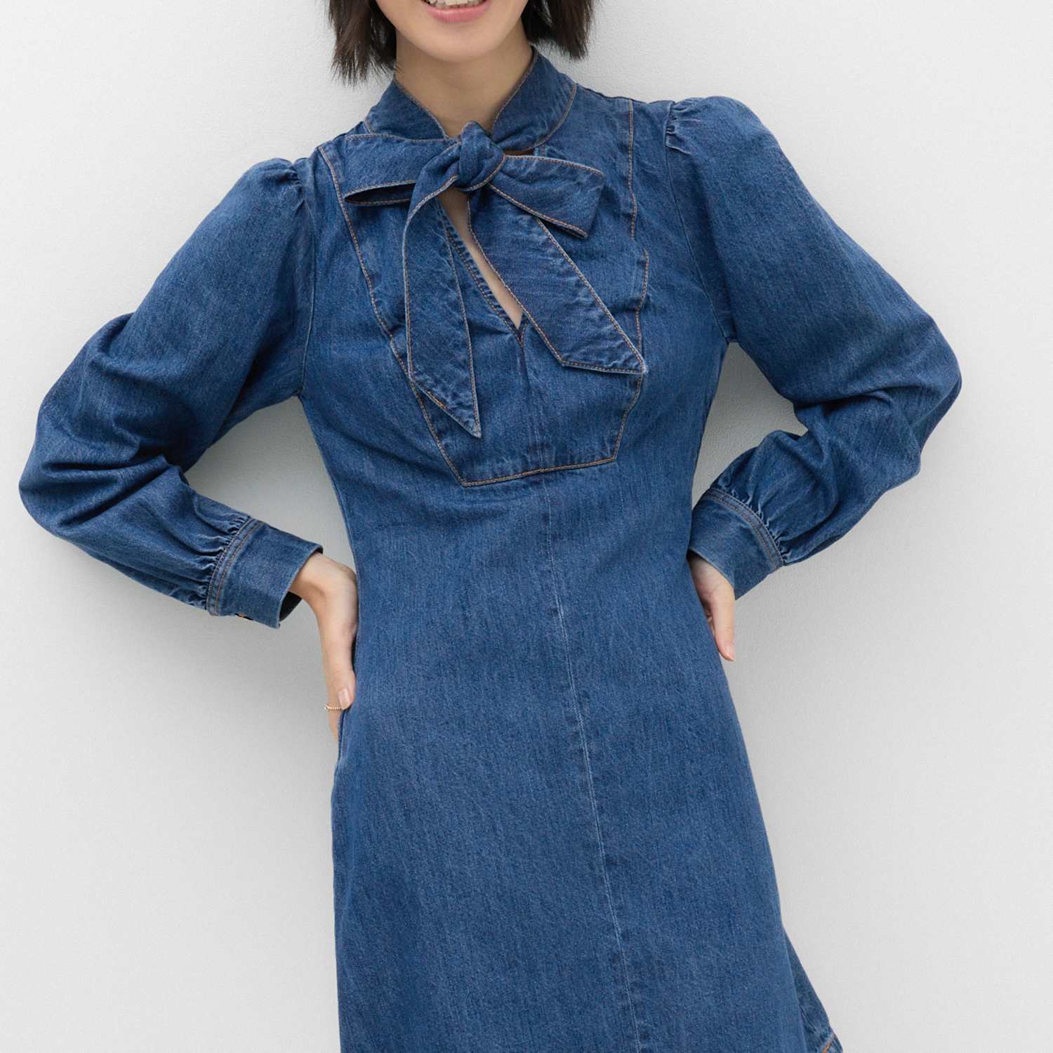M&S Women's Denim Tie Neck Mini Swing Dress - 16