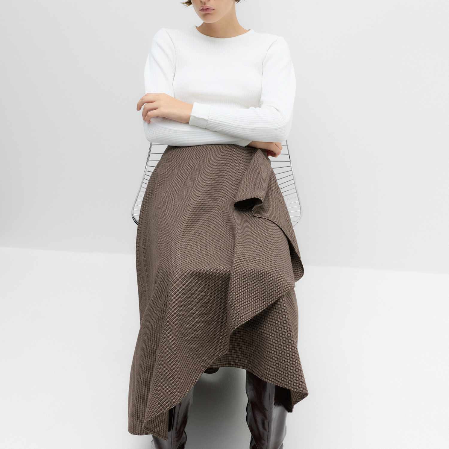 M&S Women's Pure Cotton Checked Midi Skirt - 10 - Brown Mix