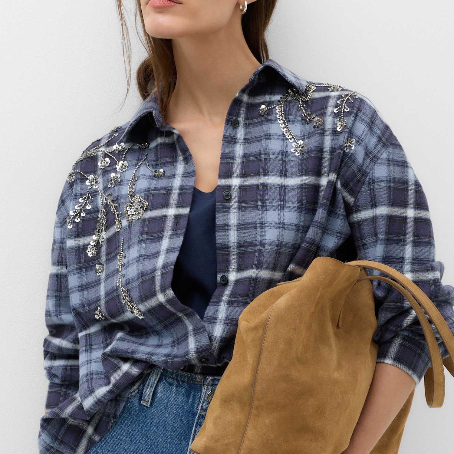M&S Women's Pure Cotton Embellished Checked Shirt - 12 - Navy Mix
