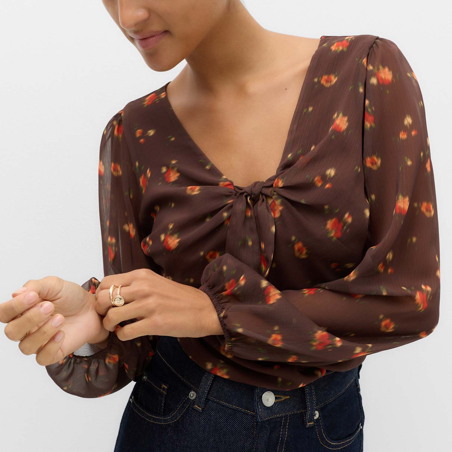 M&S Women's Printed V Neck Fitted Top - 6 - Brown Mix