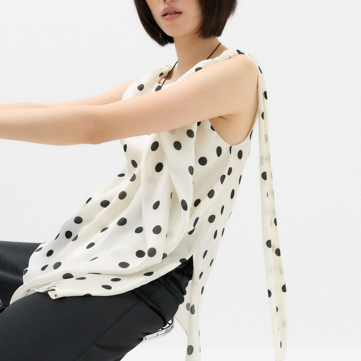 M&S Women's Polka Dot Draped Asymmetric Top - 8 - Ivory Mix