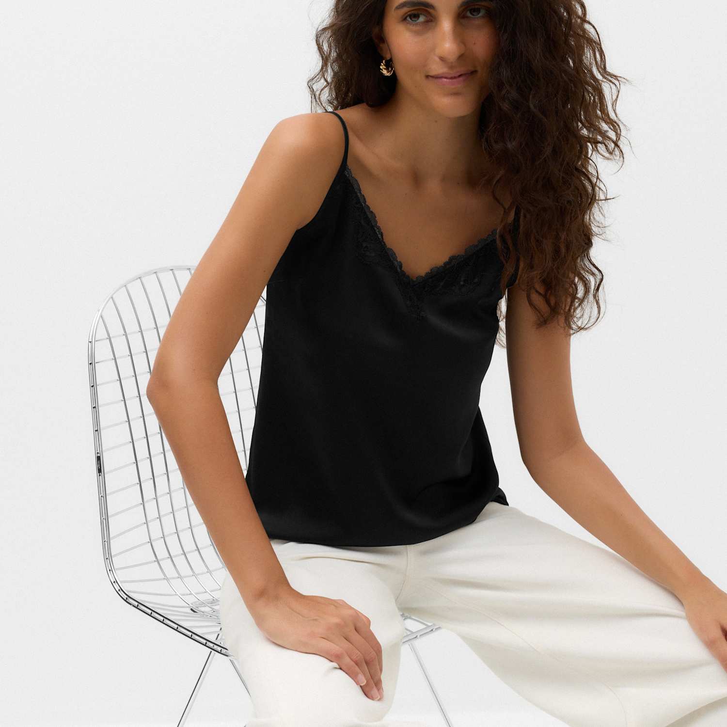 M&S Women's Lace Insert V Neck Cami Top - 6 - Black