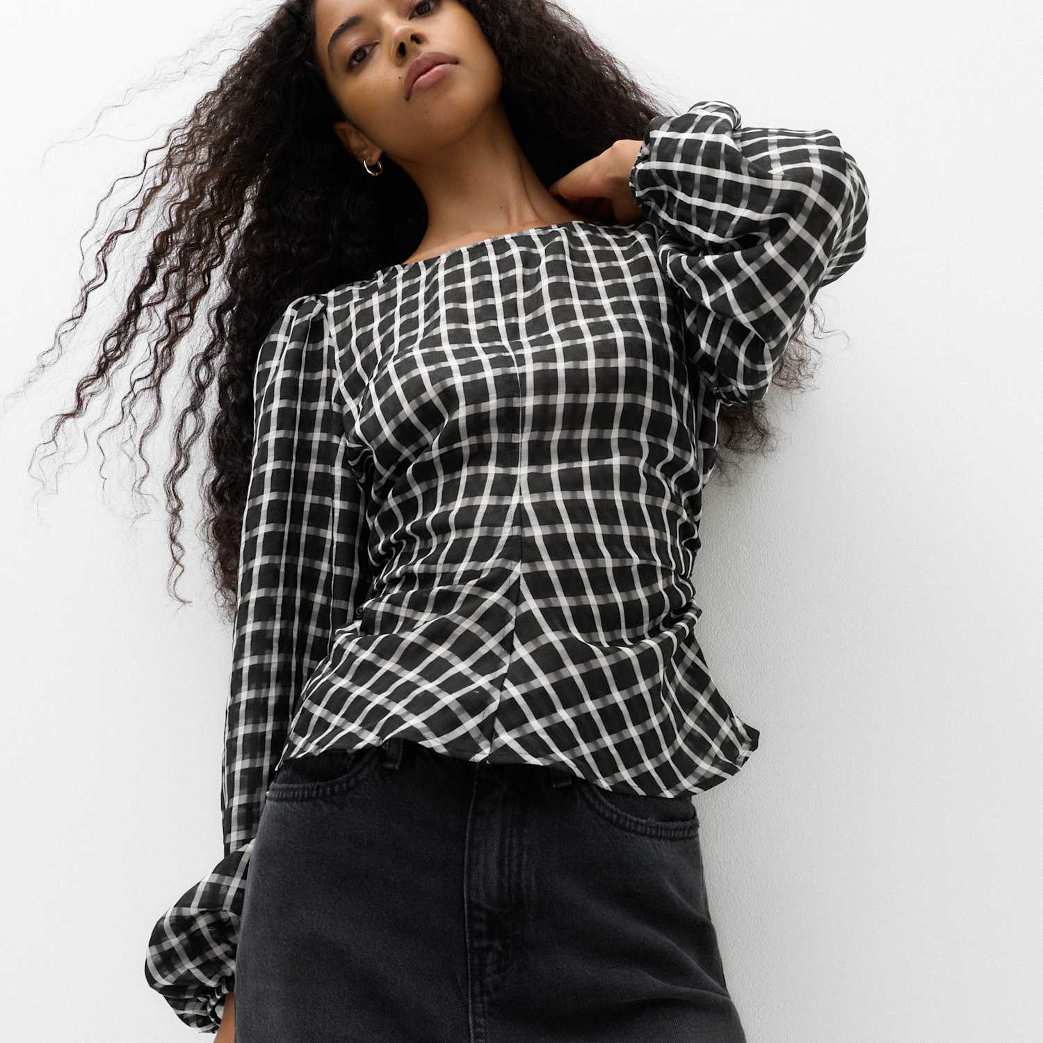 M&S Women's Checked Gathered Waisted Blouson Sleeve Blouse - 6 - Black Mix