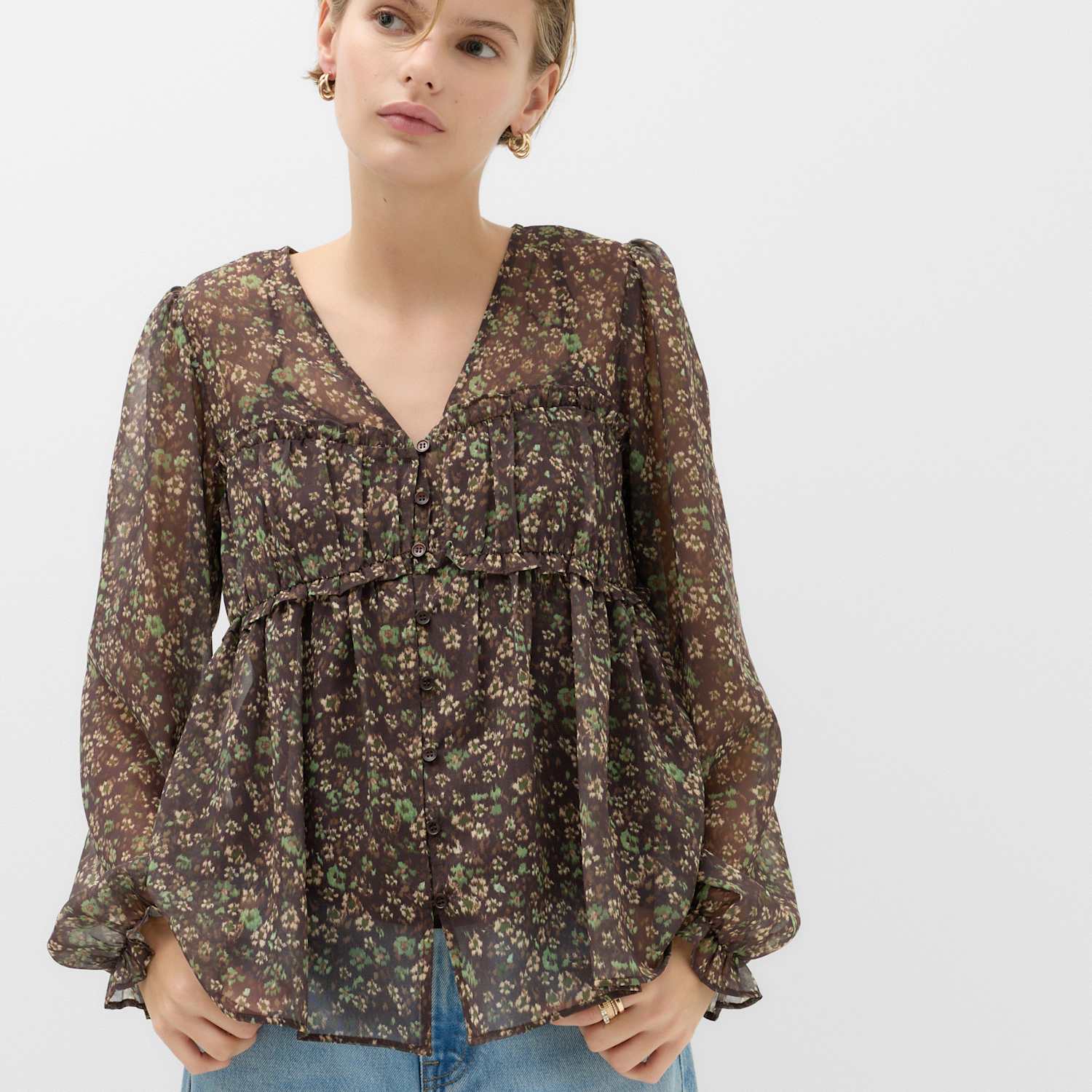 M&S Women's Floral Ruffle V-Neck Blouse - 6 - Khaki Mix
