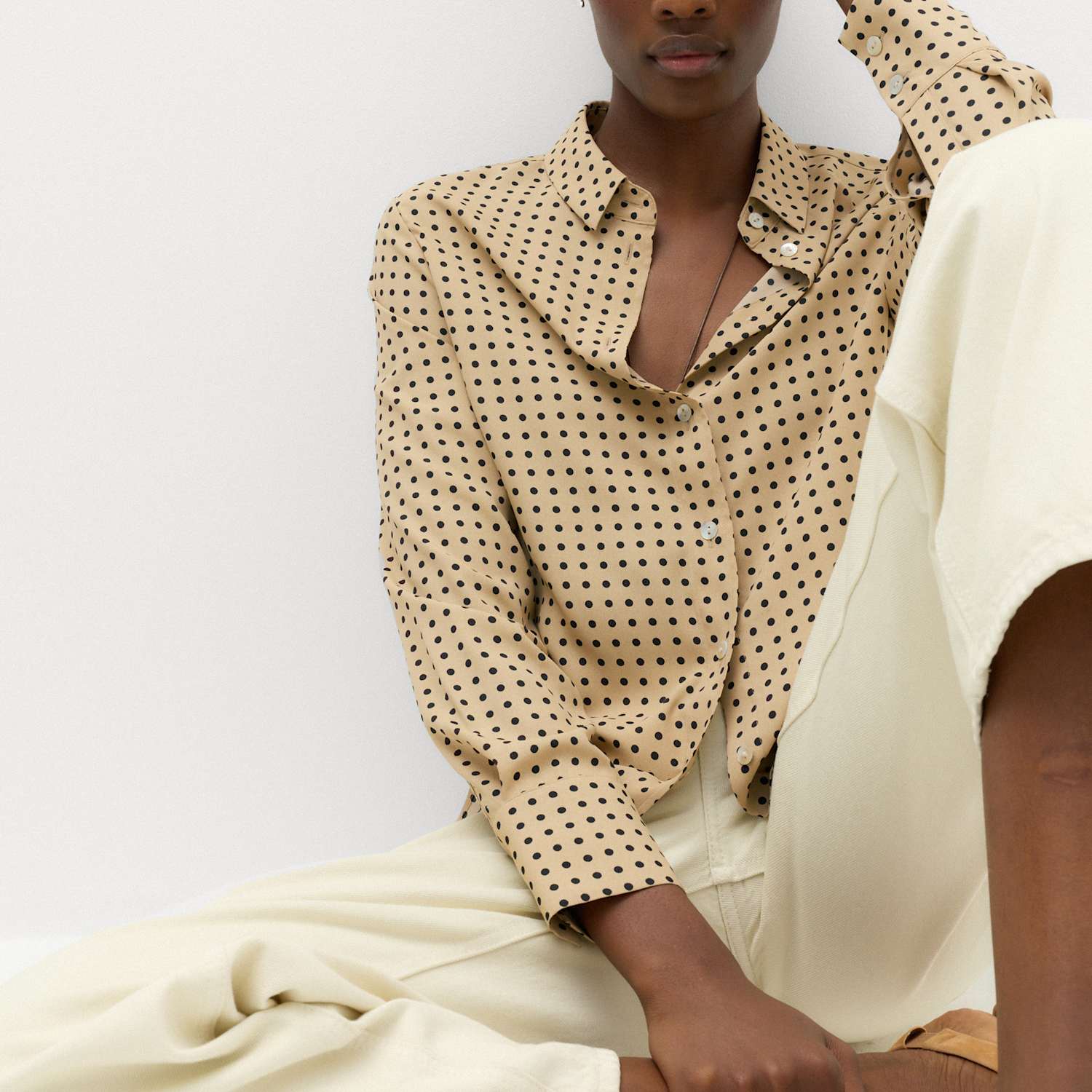 M&S Women's Polka Dot Collared Button Through Shirt - 6 - Natural Mix