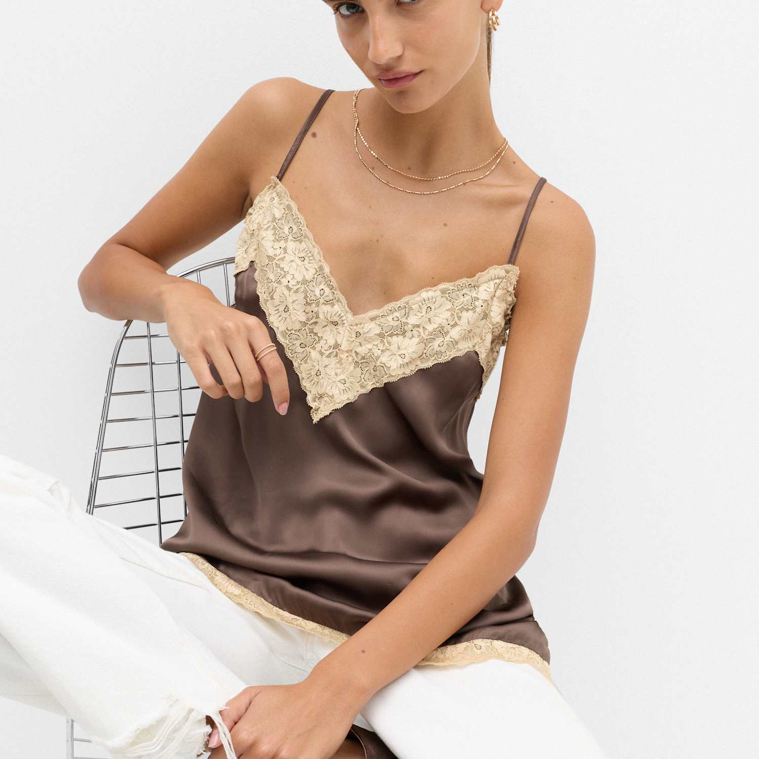 M&S Women's Satin Lace Detail Longline Cami Top - 8 - Brown
