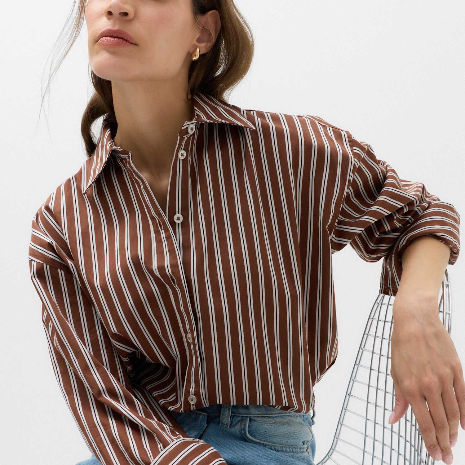 M&S Women's Pure Cotton Oversized Striped Shirt - 14 - Brown Mix