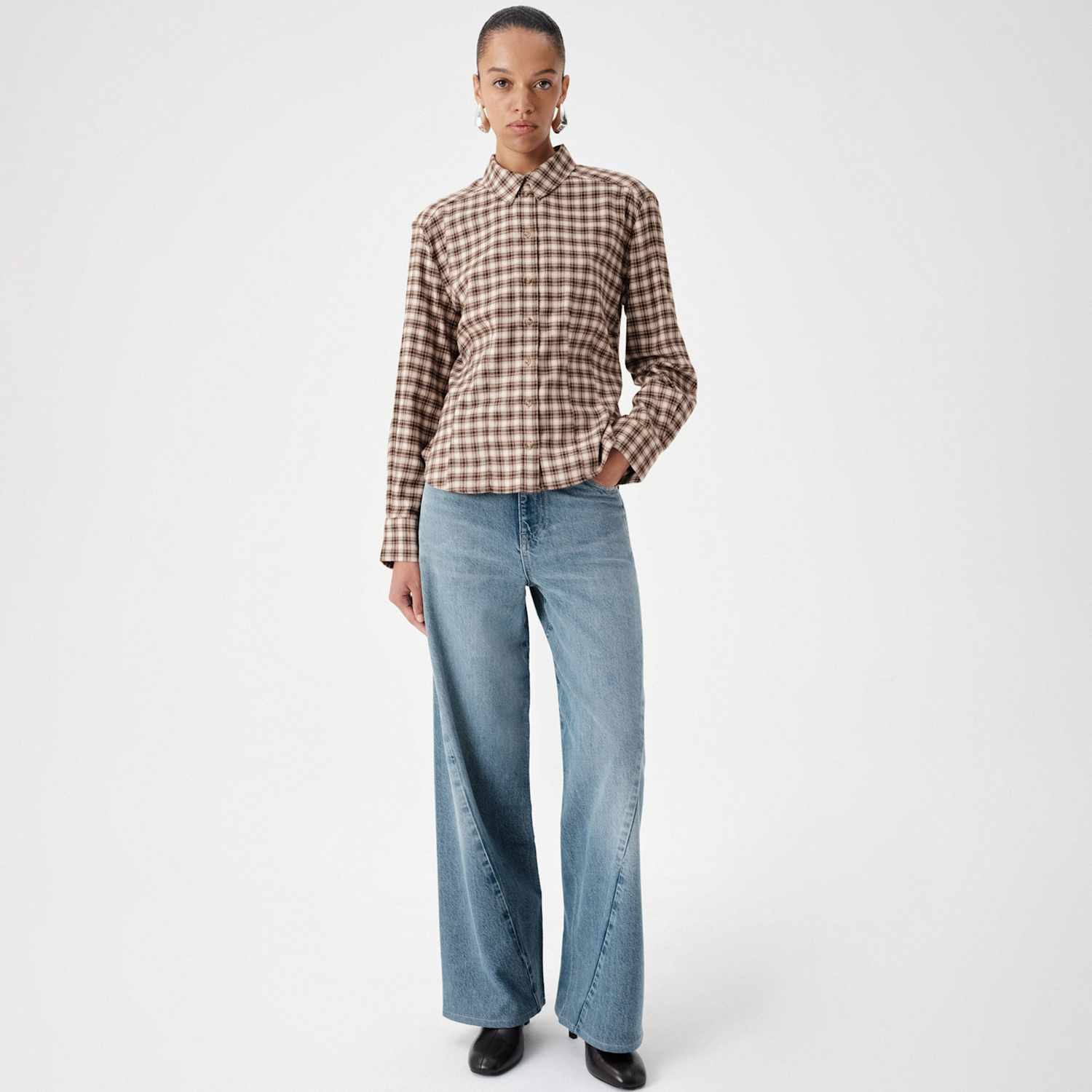 M&S Women's Cotton Blend Check Tie Neck Fitted Shirt - 16 - Brown Mix