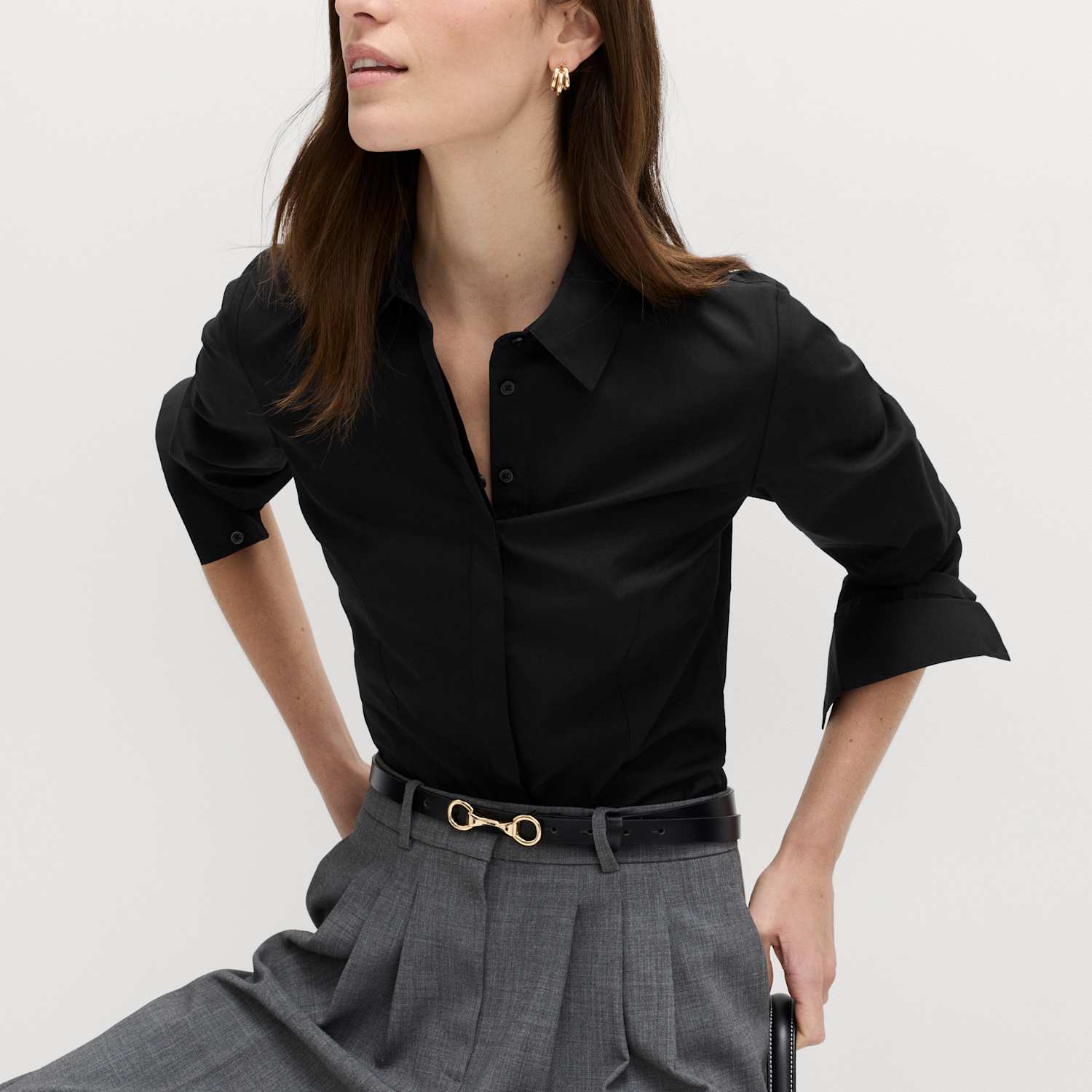 M&S Women's Cotton Rich Collared Fitted Shirt - 14 - Black