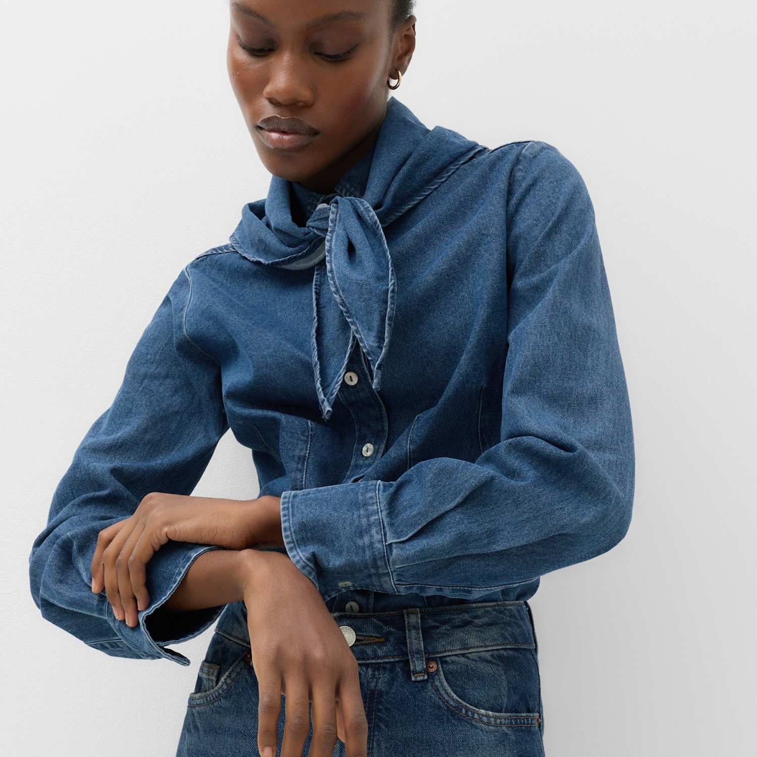 M&S Women's Denim Scarf Detail Shirt - 6 - Blue Denim