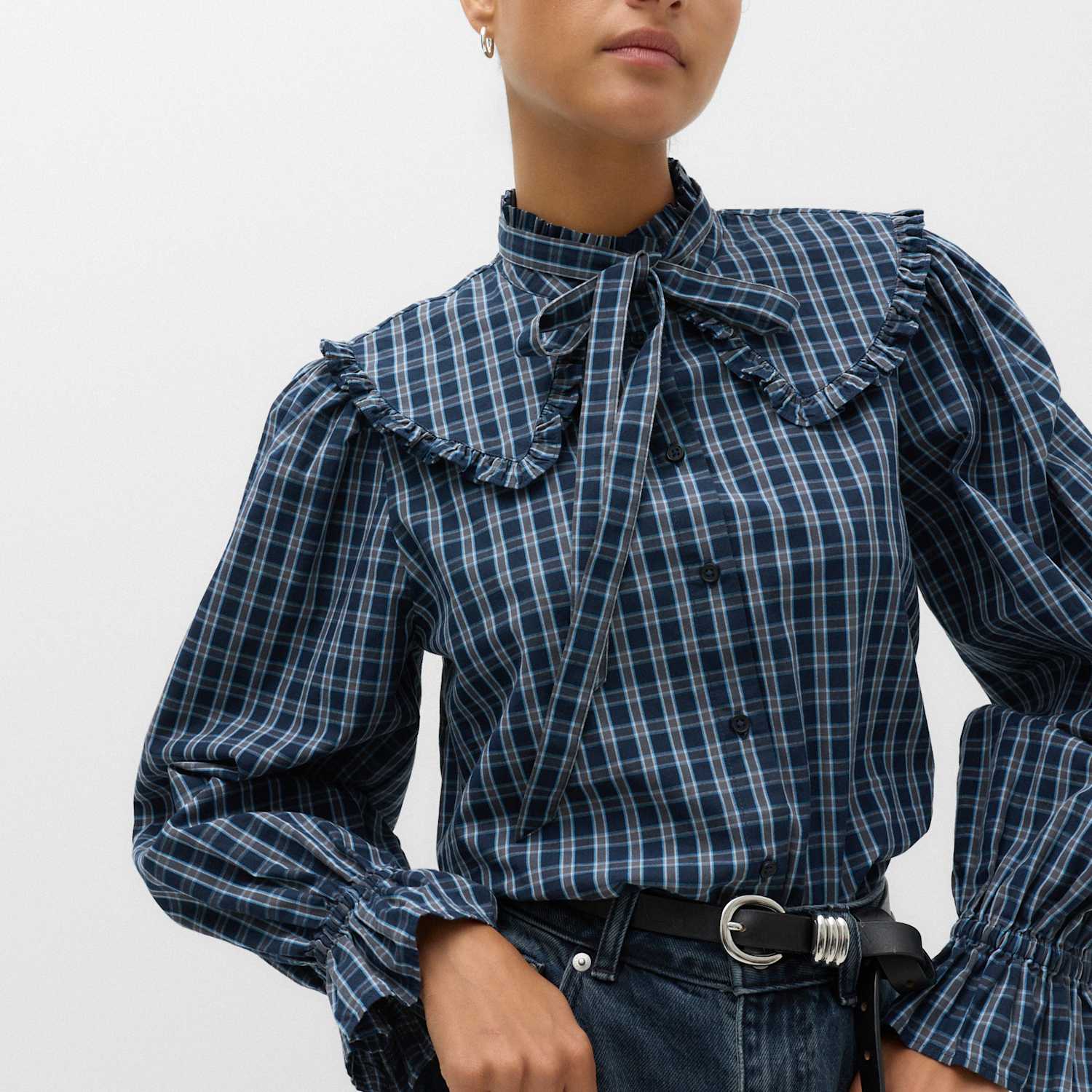 M&S Women's Pure Cotton Checked Tie Neck Shirt - 12 - Navy Mix