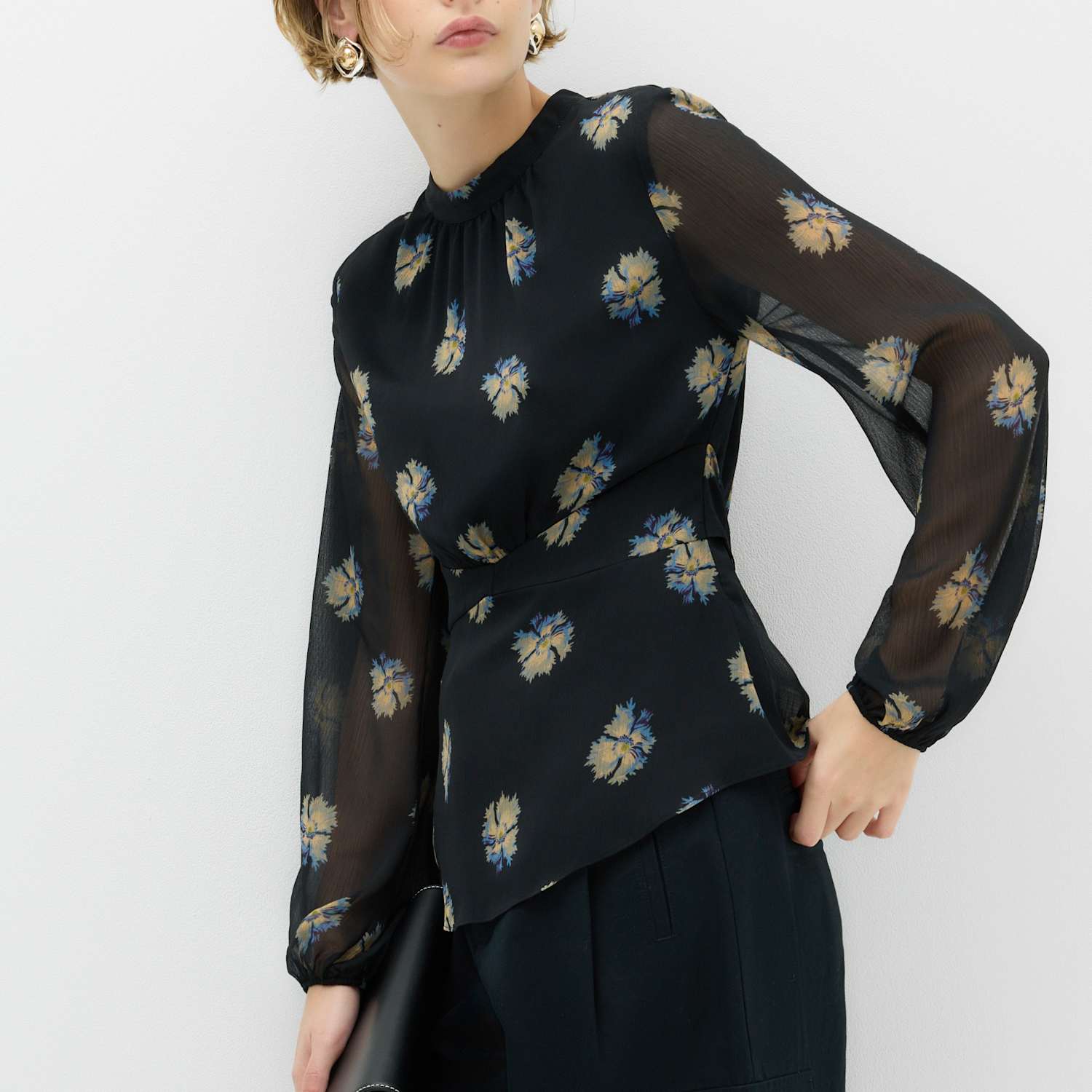 M&S Women's Floral High Neck Button Detail Top - 10 - Black Mix