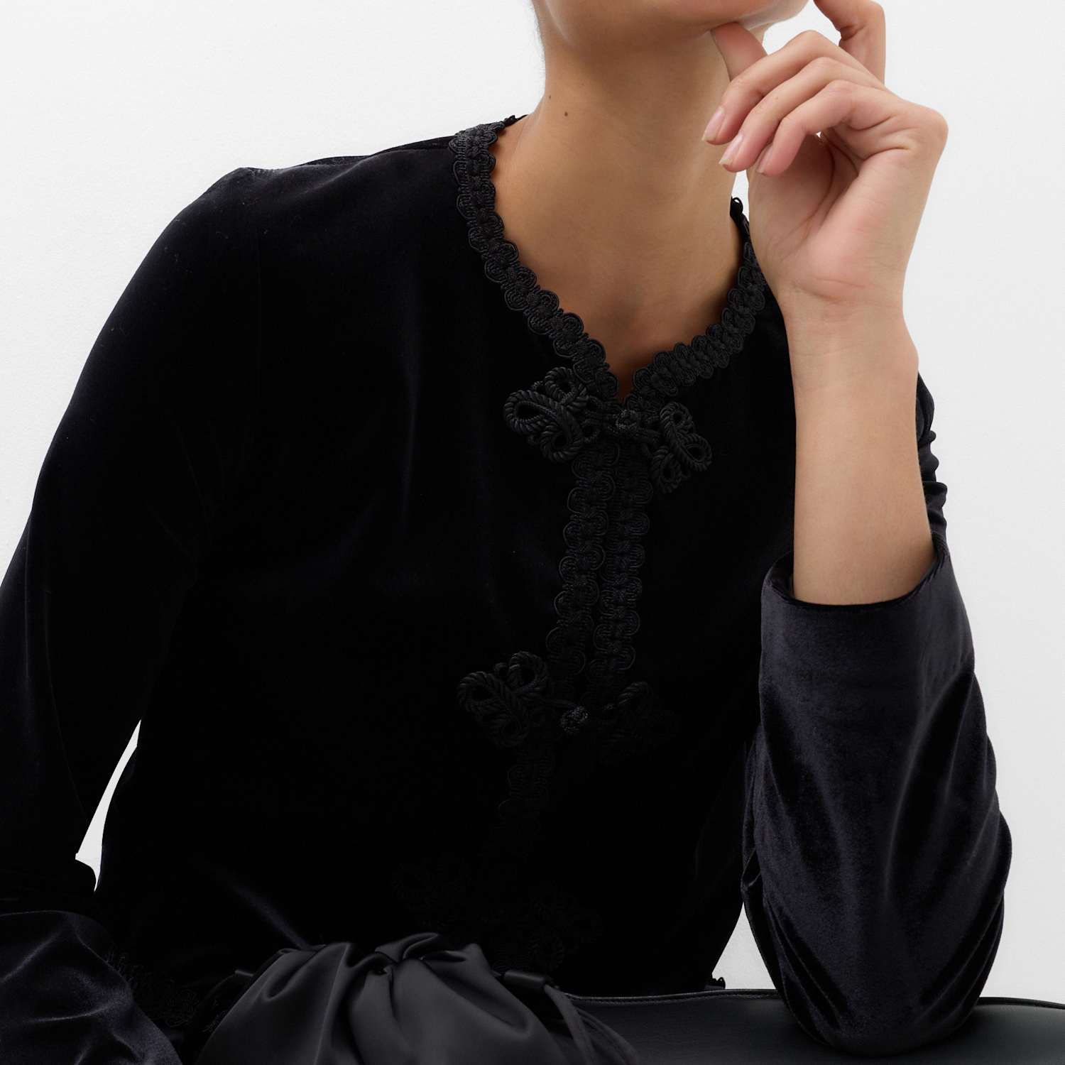M&S Women's Velvet Mandarin Collar Top - 16 - Black