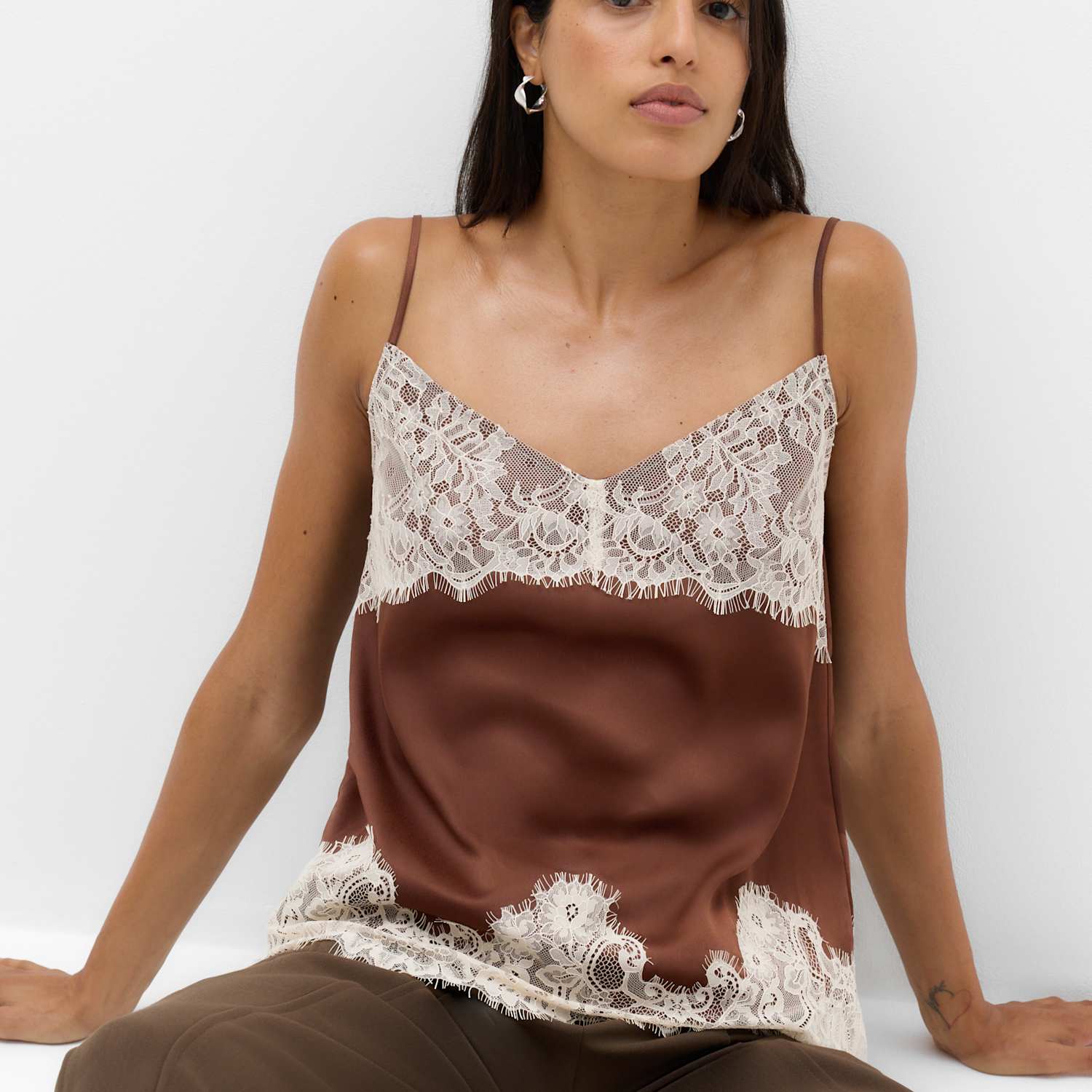 M&S Women's Longline Lace Insert Cami Top - 12 - Chocolate Mix