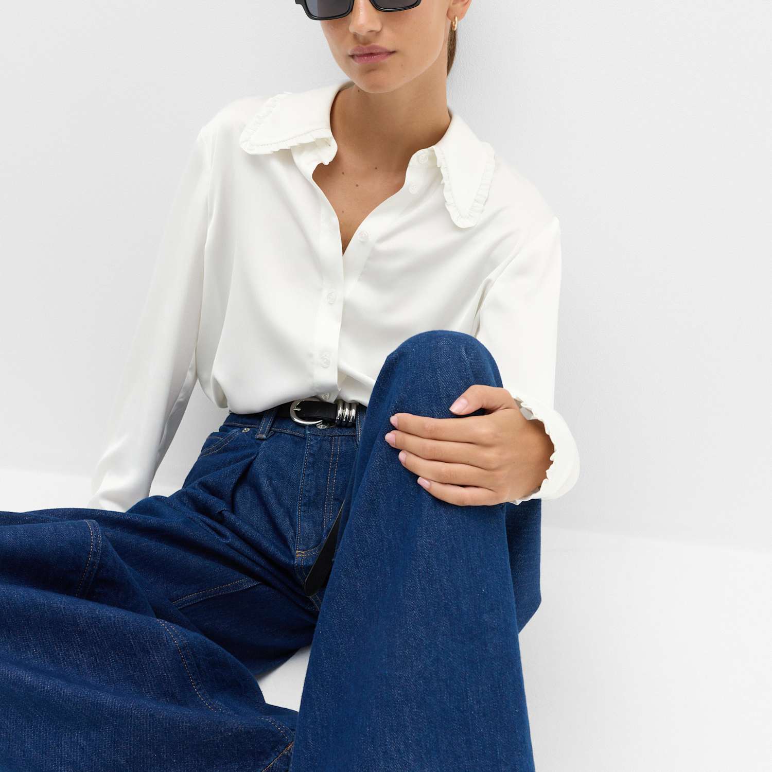 M&S Women's Satin Collared Frill Detail Shirt - 20 - Ivory