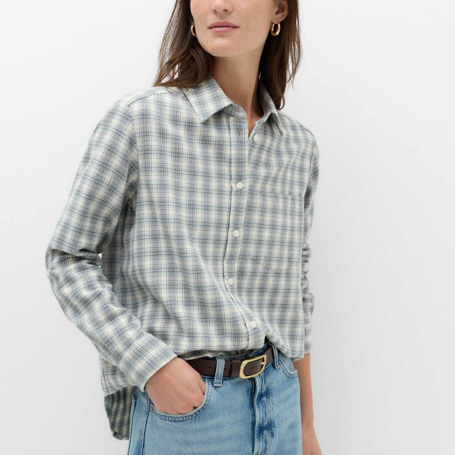 M&S Women's Pure Cotton Checked Collared Shirt - 6 - Blue Mix