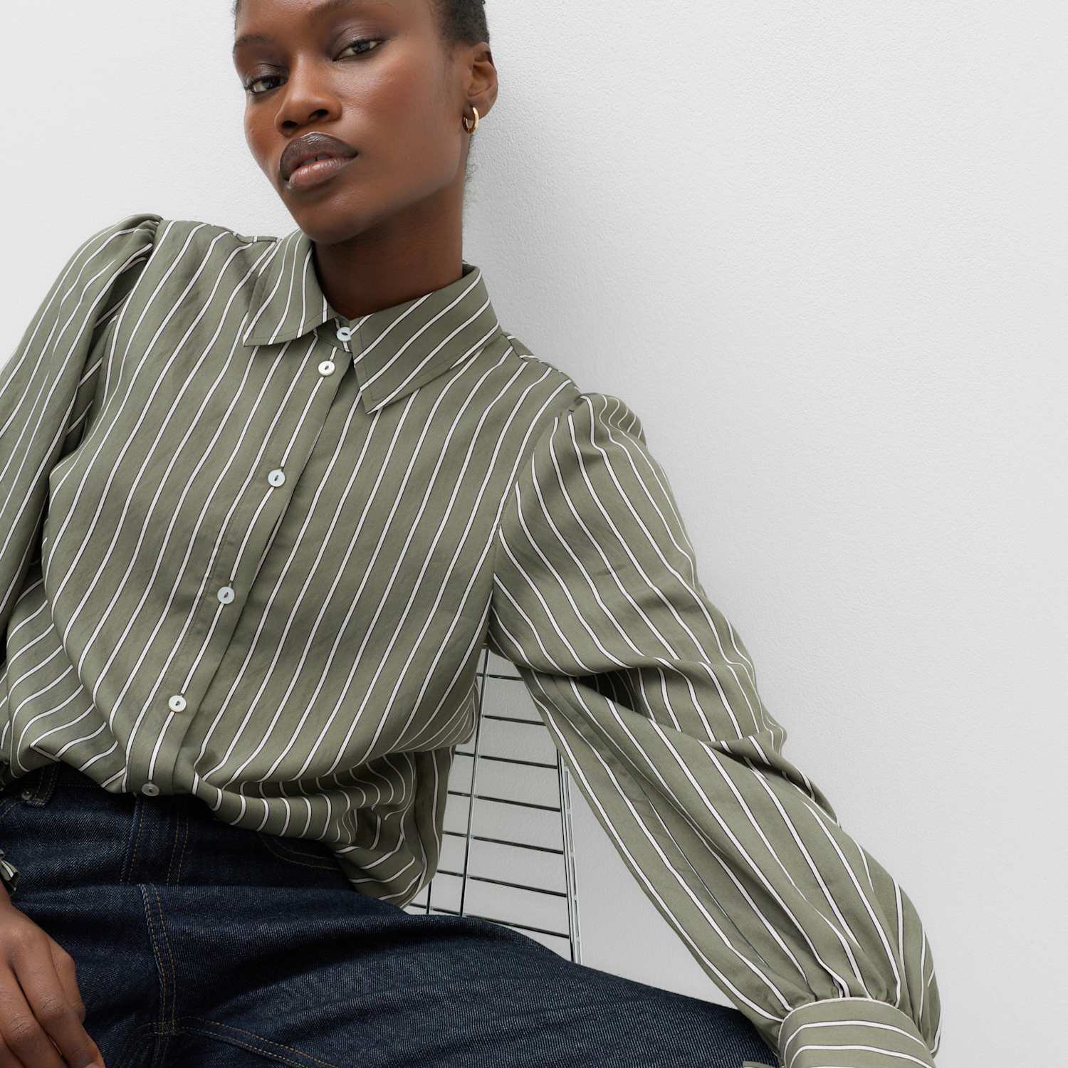 M&S Women's Striped Collared Shirt - 6 - Khaki Mix